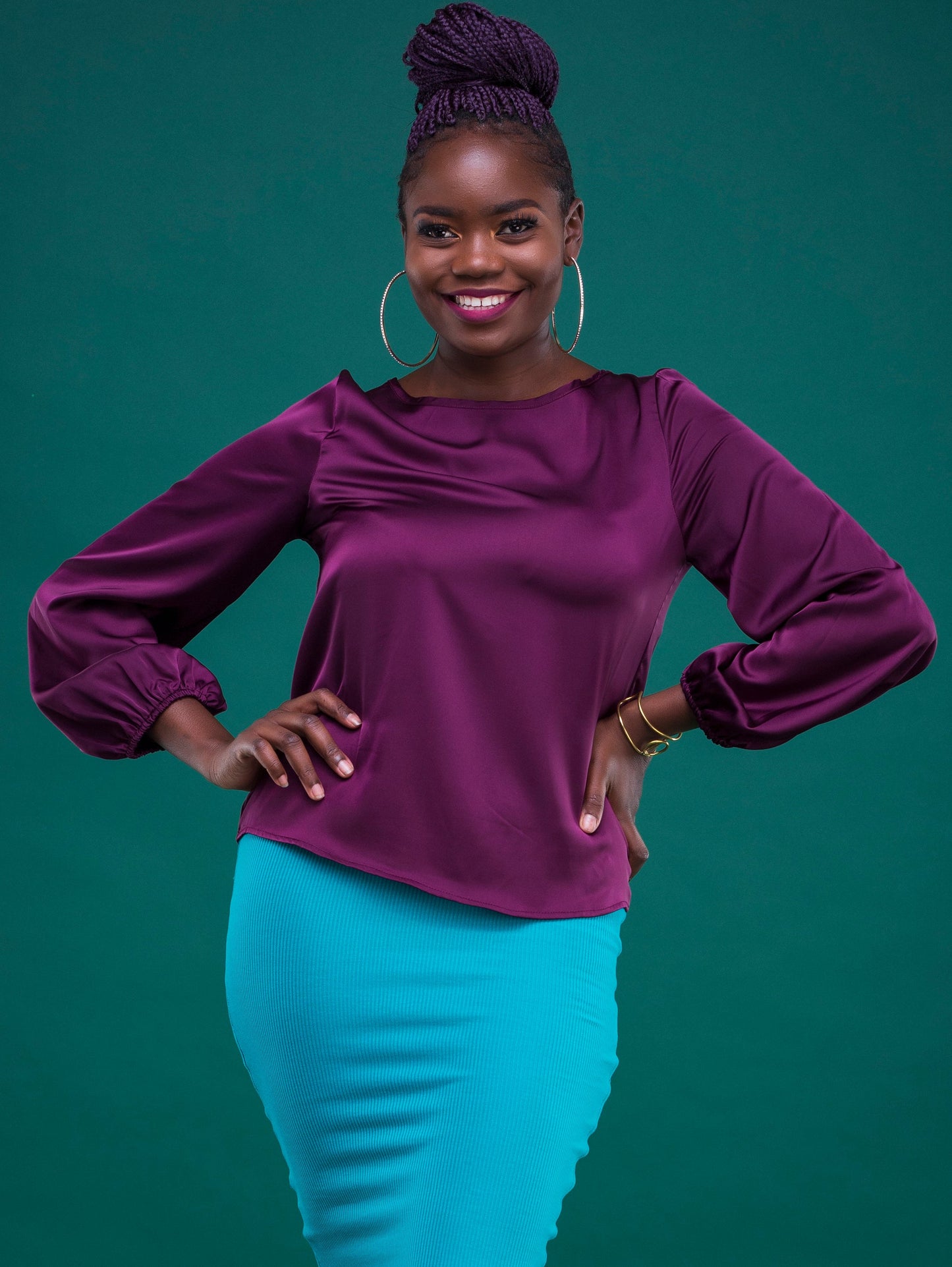 Vivo Basic Satin Bishop Sleeved Top - Purple