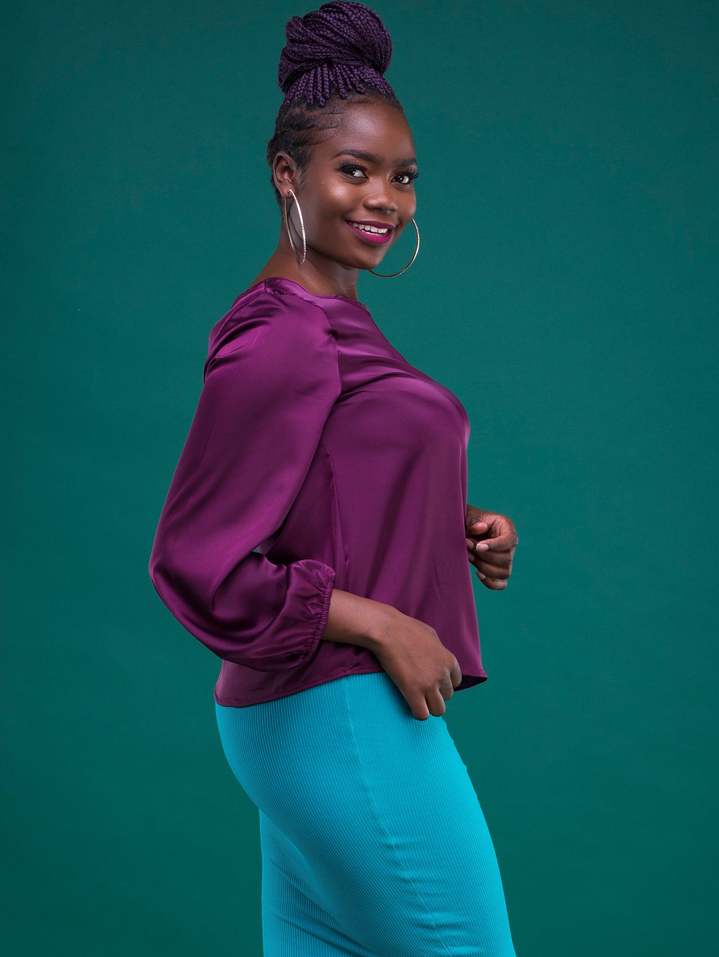 Vivo Basic Satin Bishop Sleeved Top - Purple