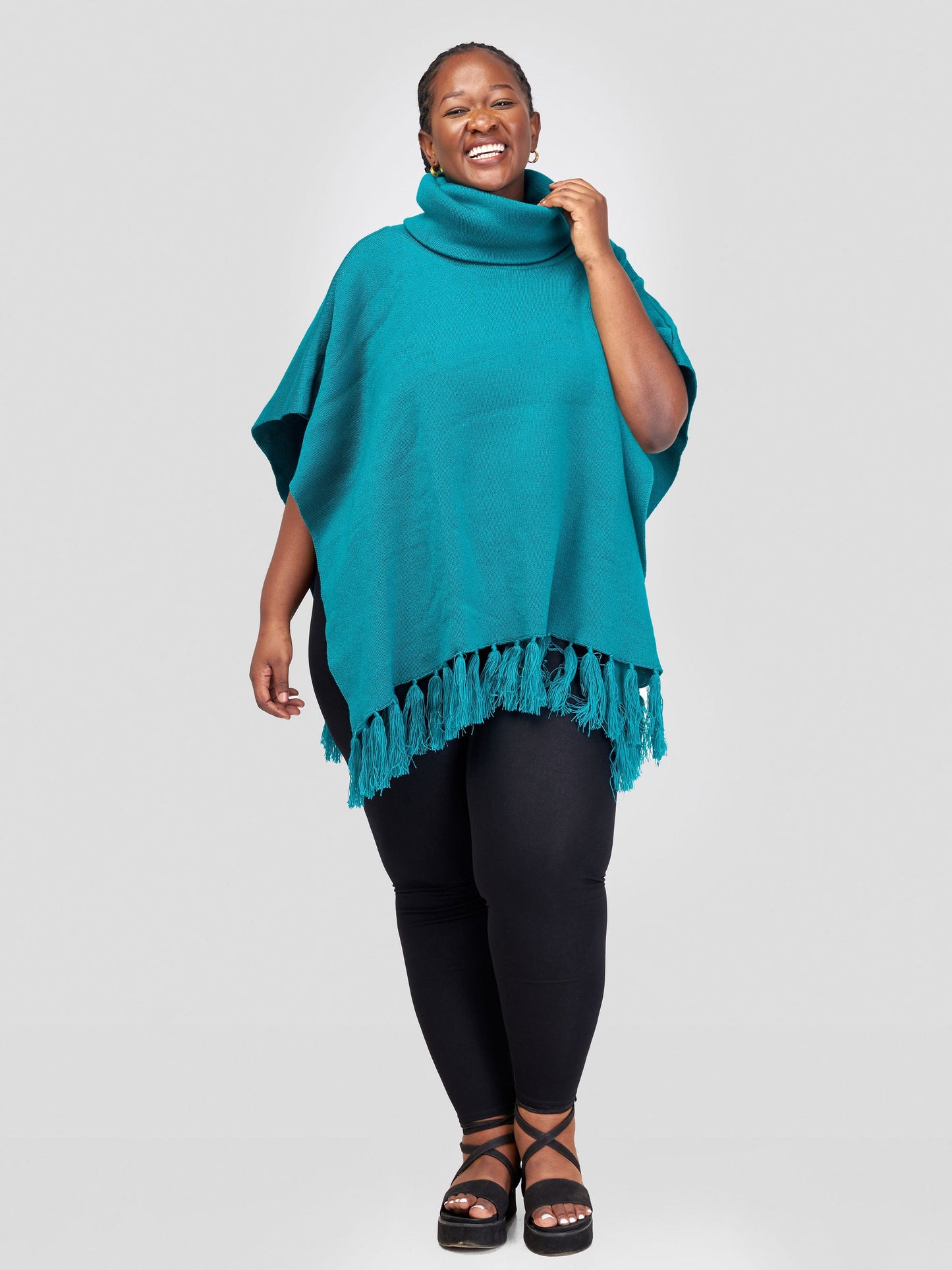 Vivo Turtleneck Knit Fringe Poncho - Teal