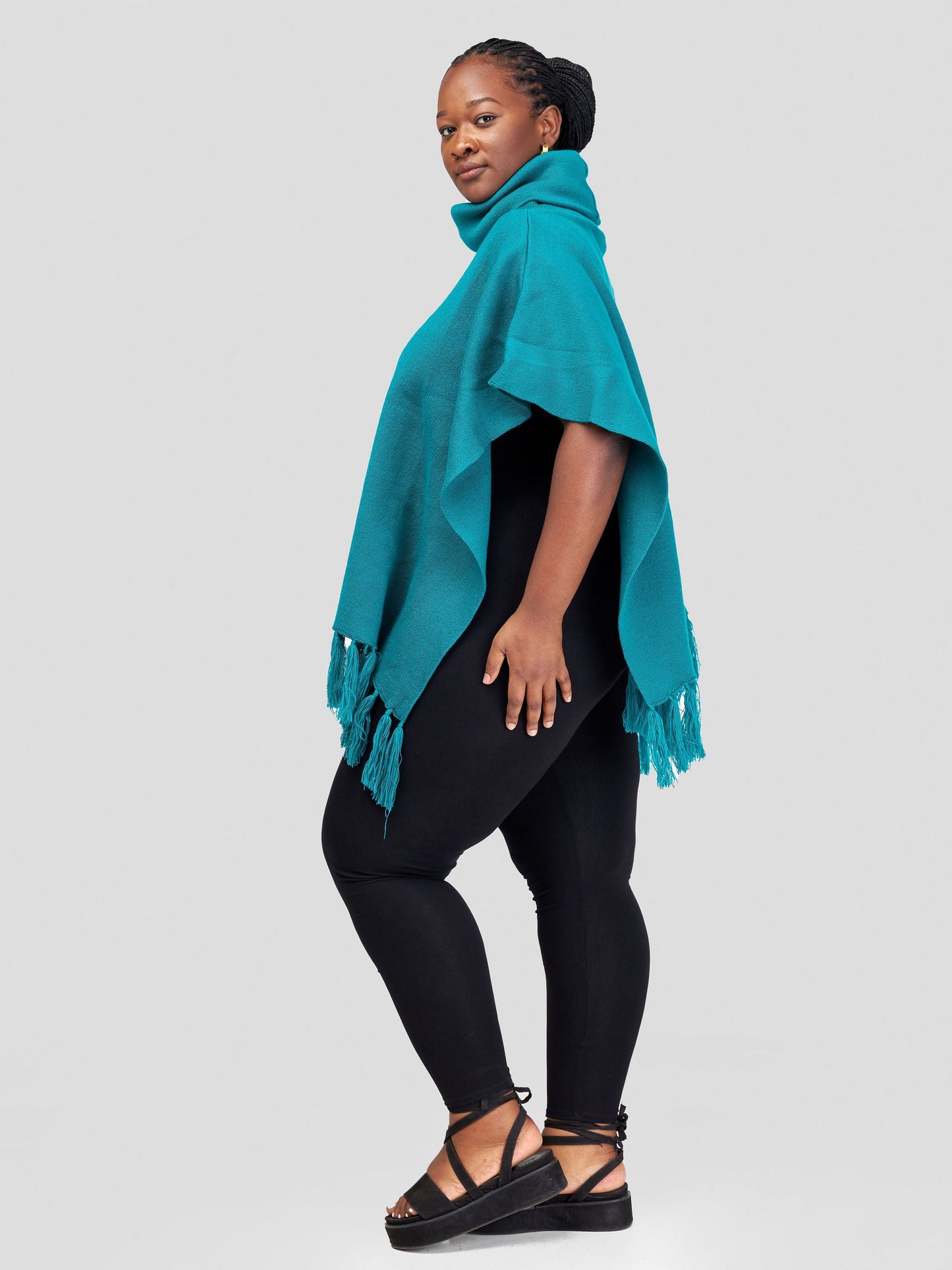 Vivo Turtleneck Knit Fringe Poncho - Teal