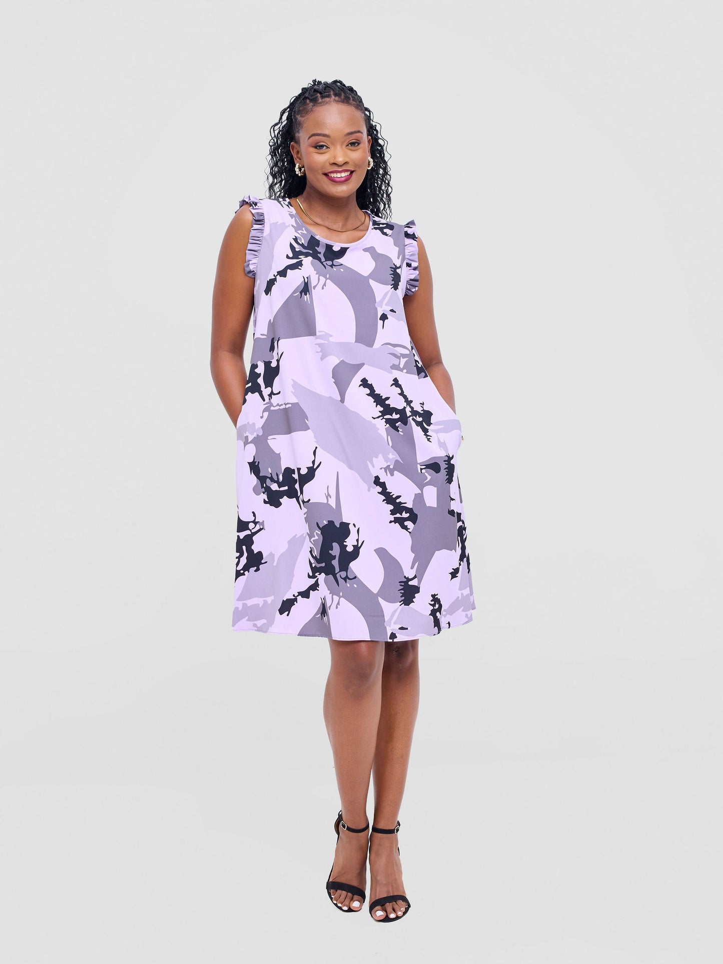 Vivo Ava Tent Knee Length Dress - Purple / Black Nurra Print