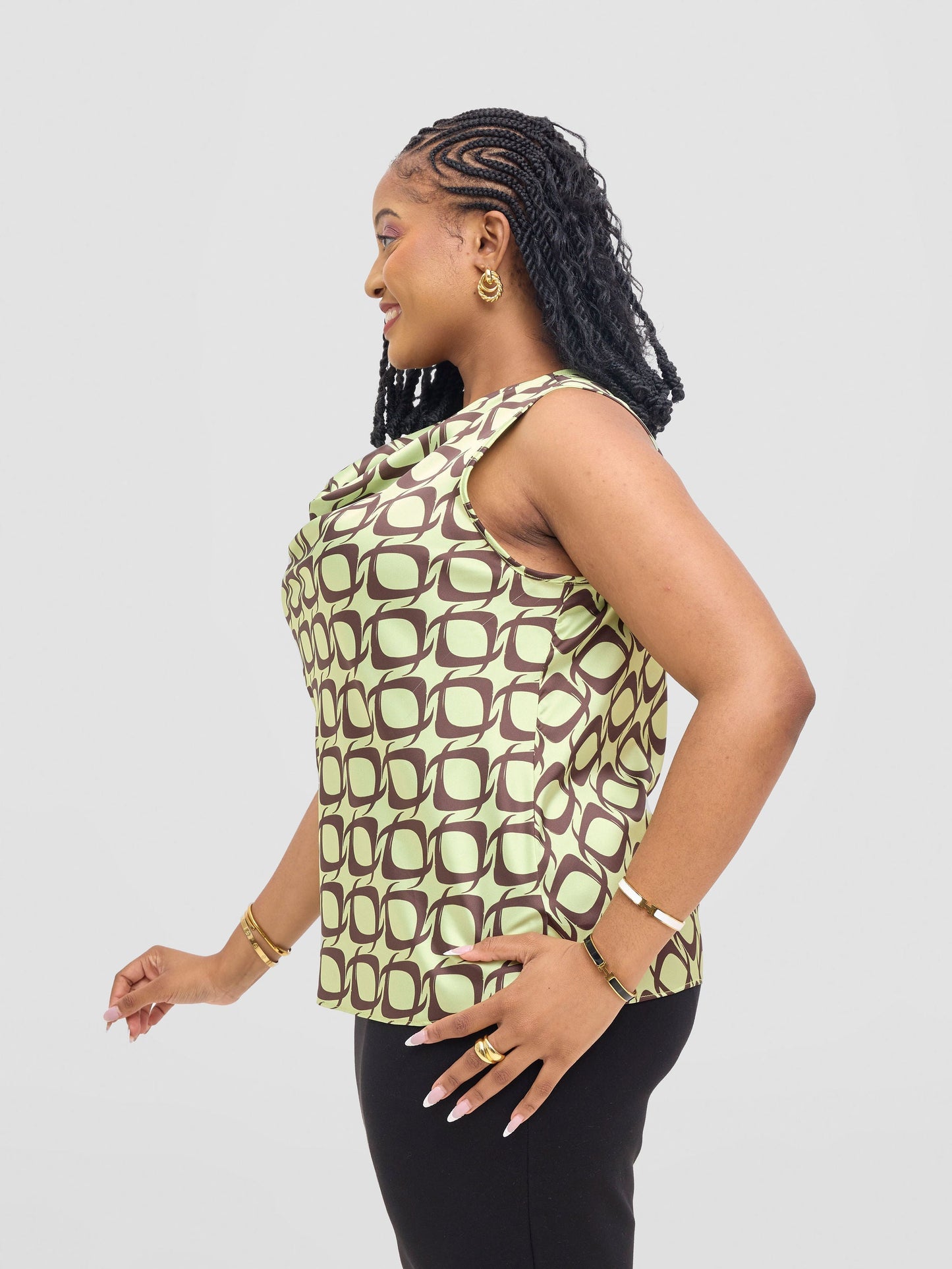 Vivo Isabi Cowl Top - Lime / Chocolate Tiki Print
