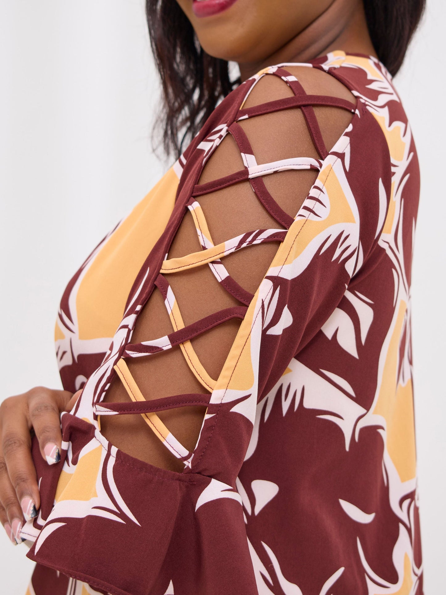 Vivo Dali 3/4 Cut Out Sleeve Maxi Dress - Burgundy / Peach Print