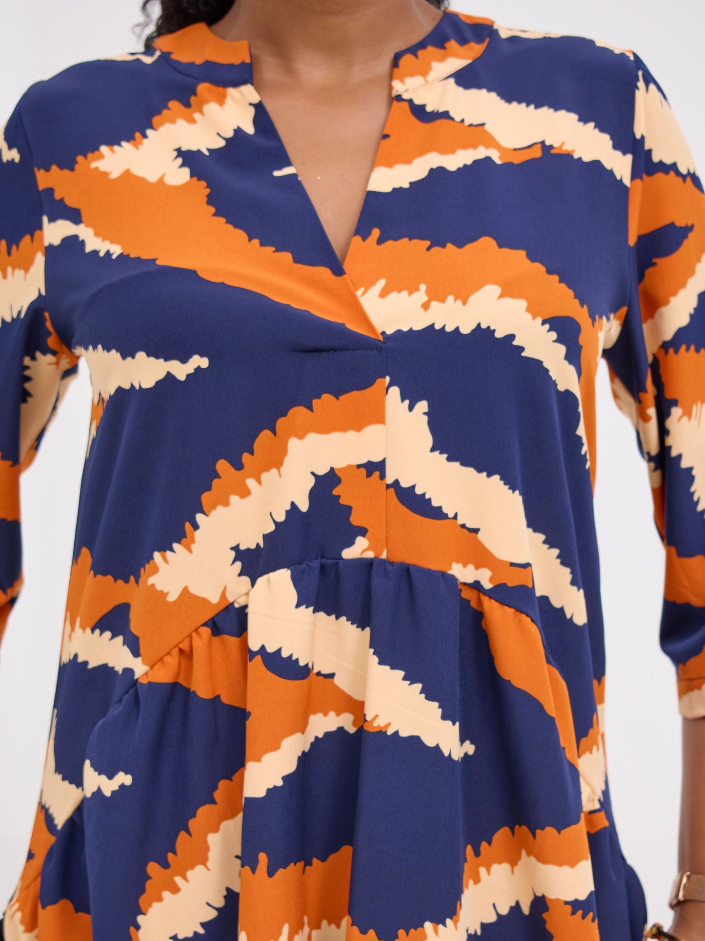 Vivo Reba Gathered Dress - Navy / Rust Eba Print