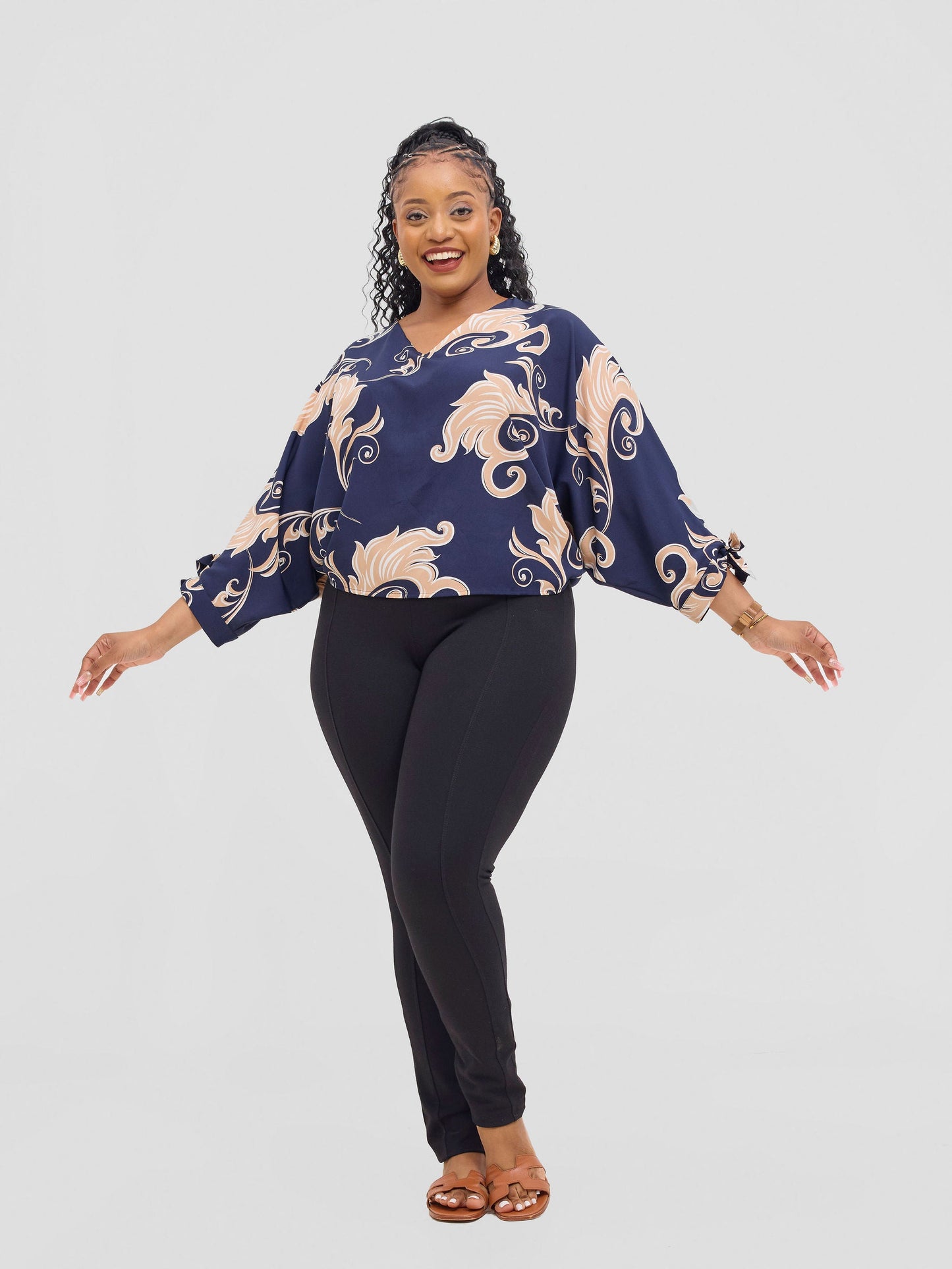 Vivo Sanali Batwing Tie Top - Navy / Peach Print