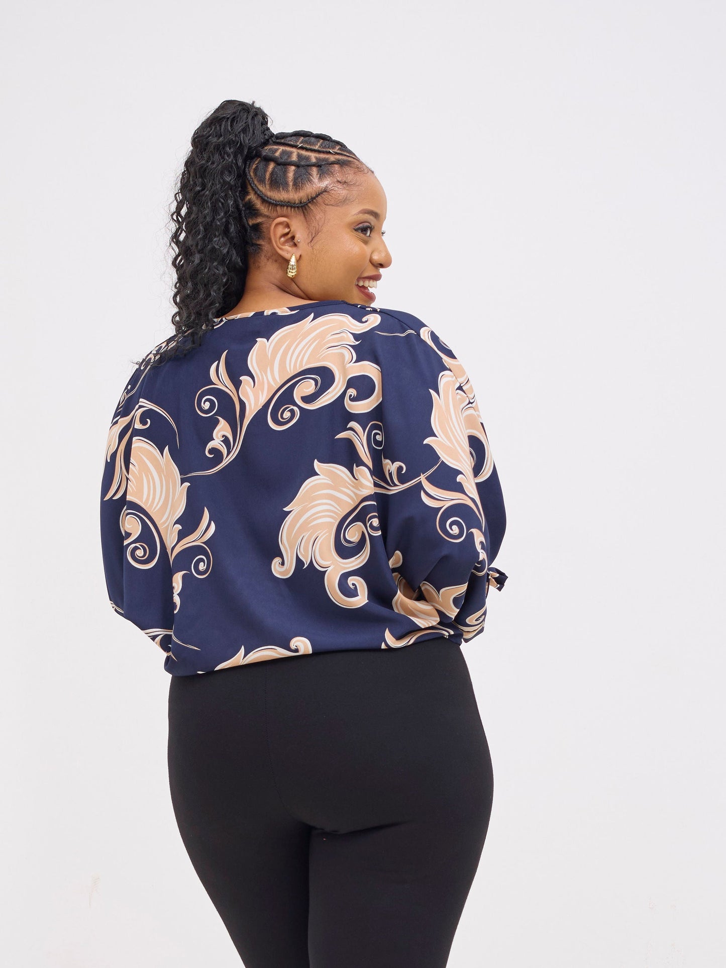 Vivo Sanali Batwing Tie Top - Navy / Peach Print