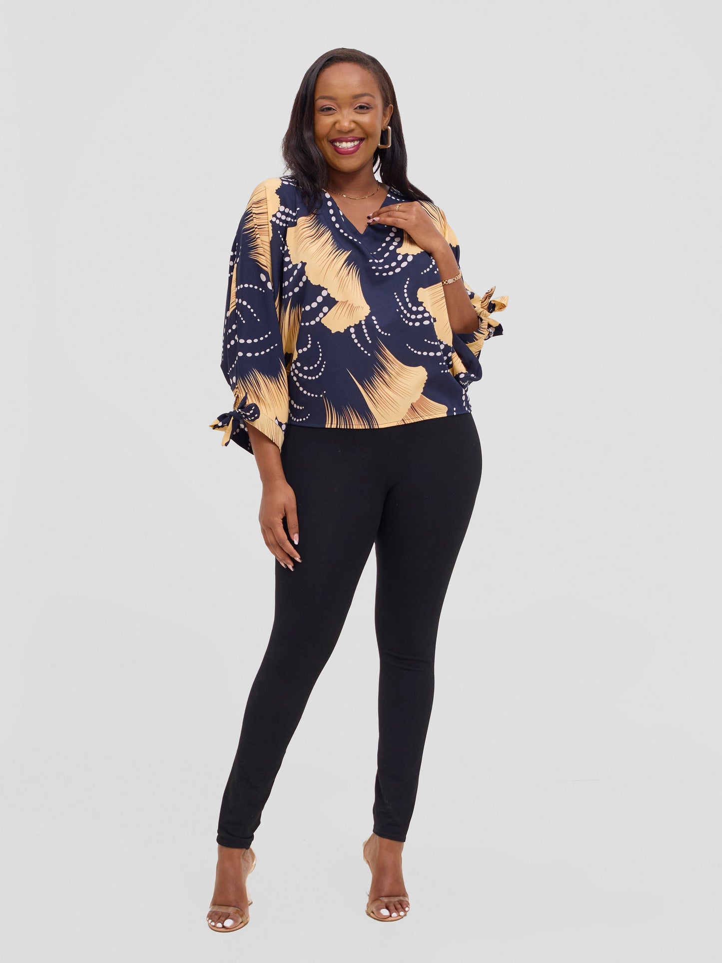 Vivo Sanali Batwing Tie Top - Navy / White Print