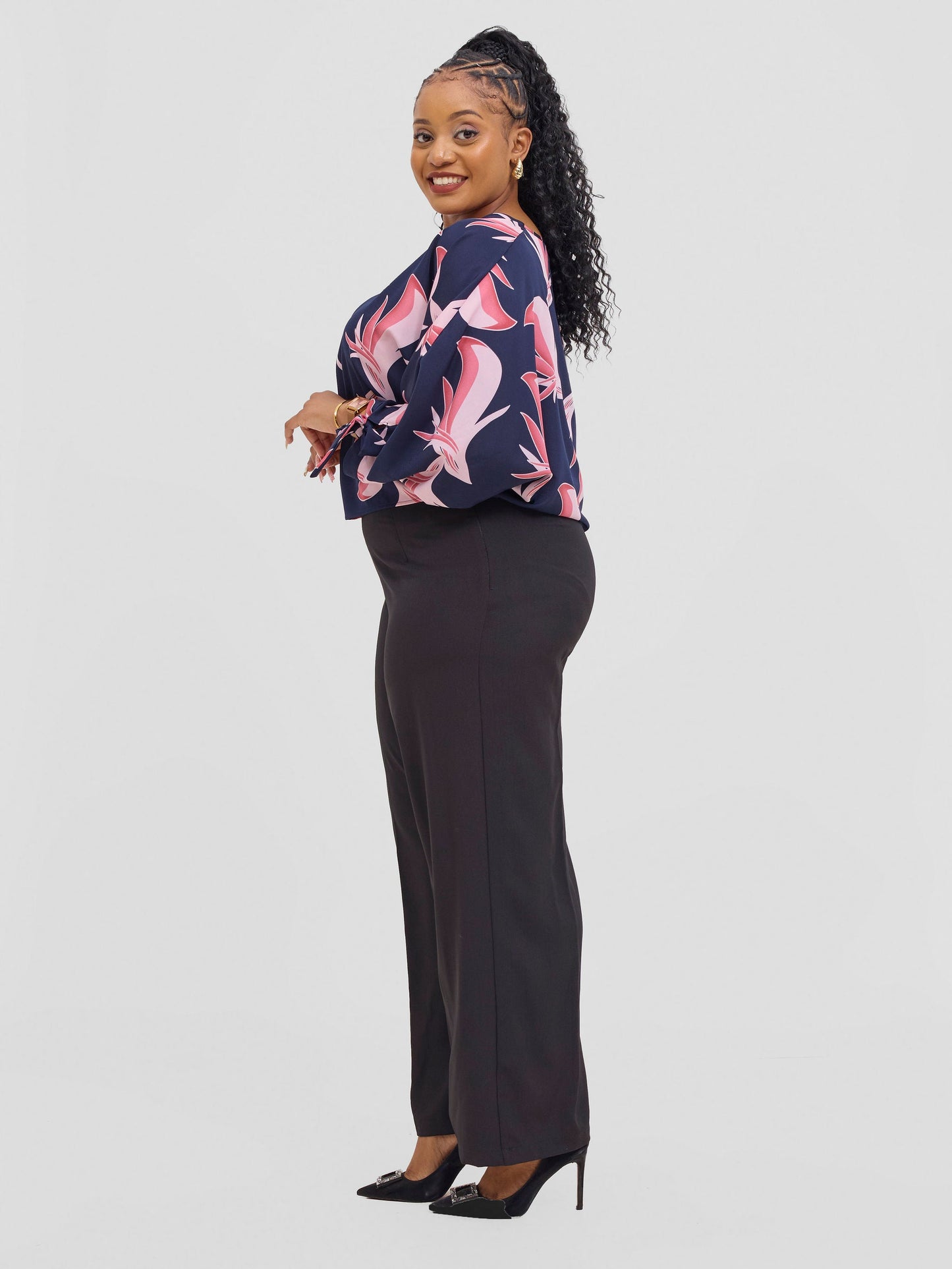 Vivo Sanali Batwing Tie Top - Navy Blush Pink Print