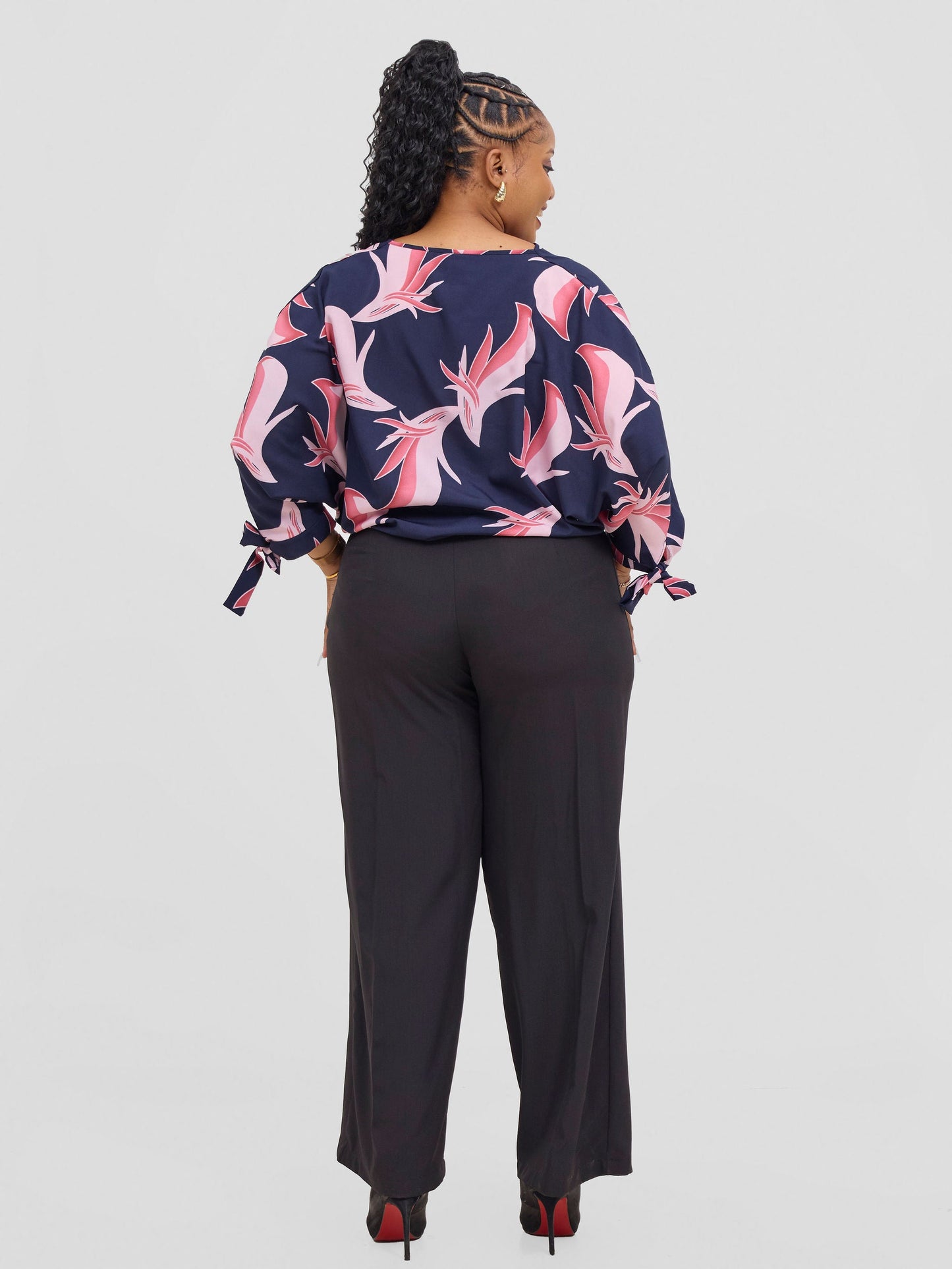 Vivo Sanali Batwing Tie Top - Navy Blush Pink Print