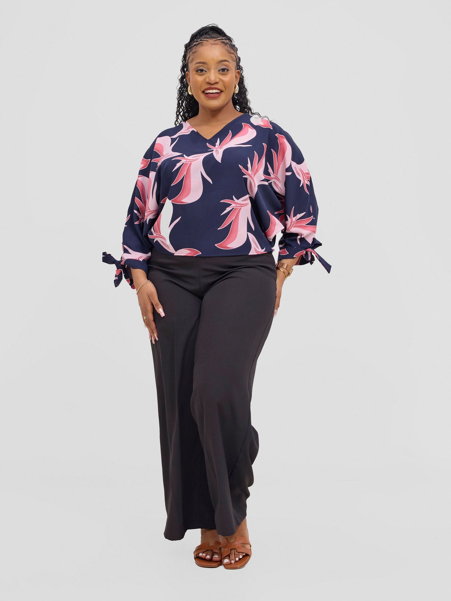 Vivo Sanali Batwing Tie Top - Navy Blush Pink Print