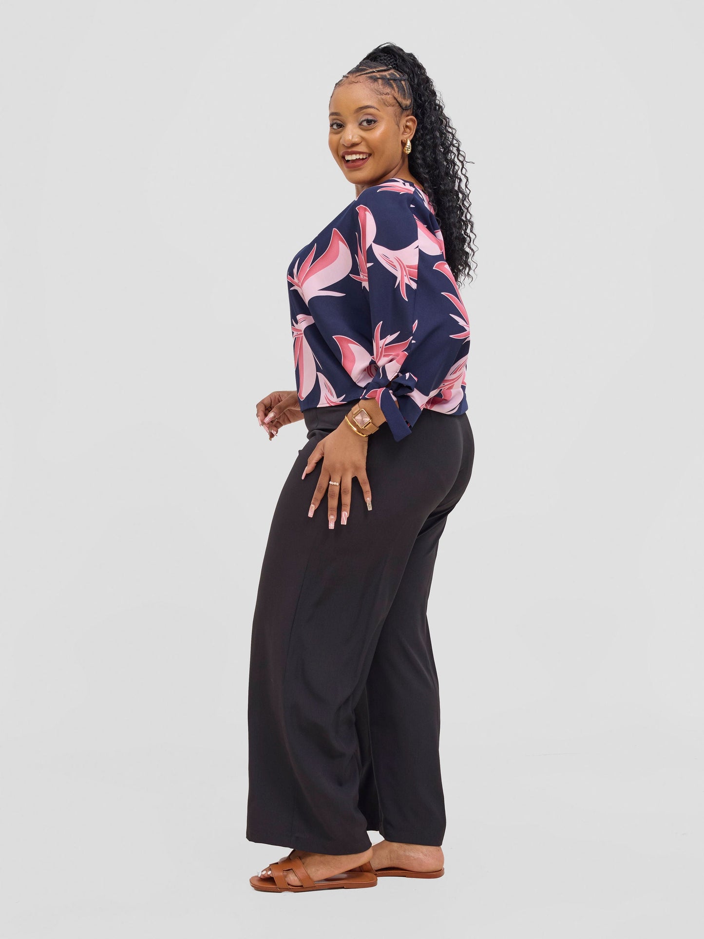 Vivo Sanali Batwing Tie Top - Navy Blush Pink Print