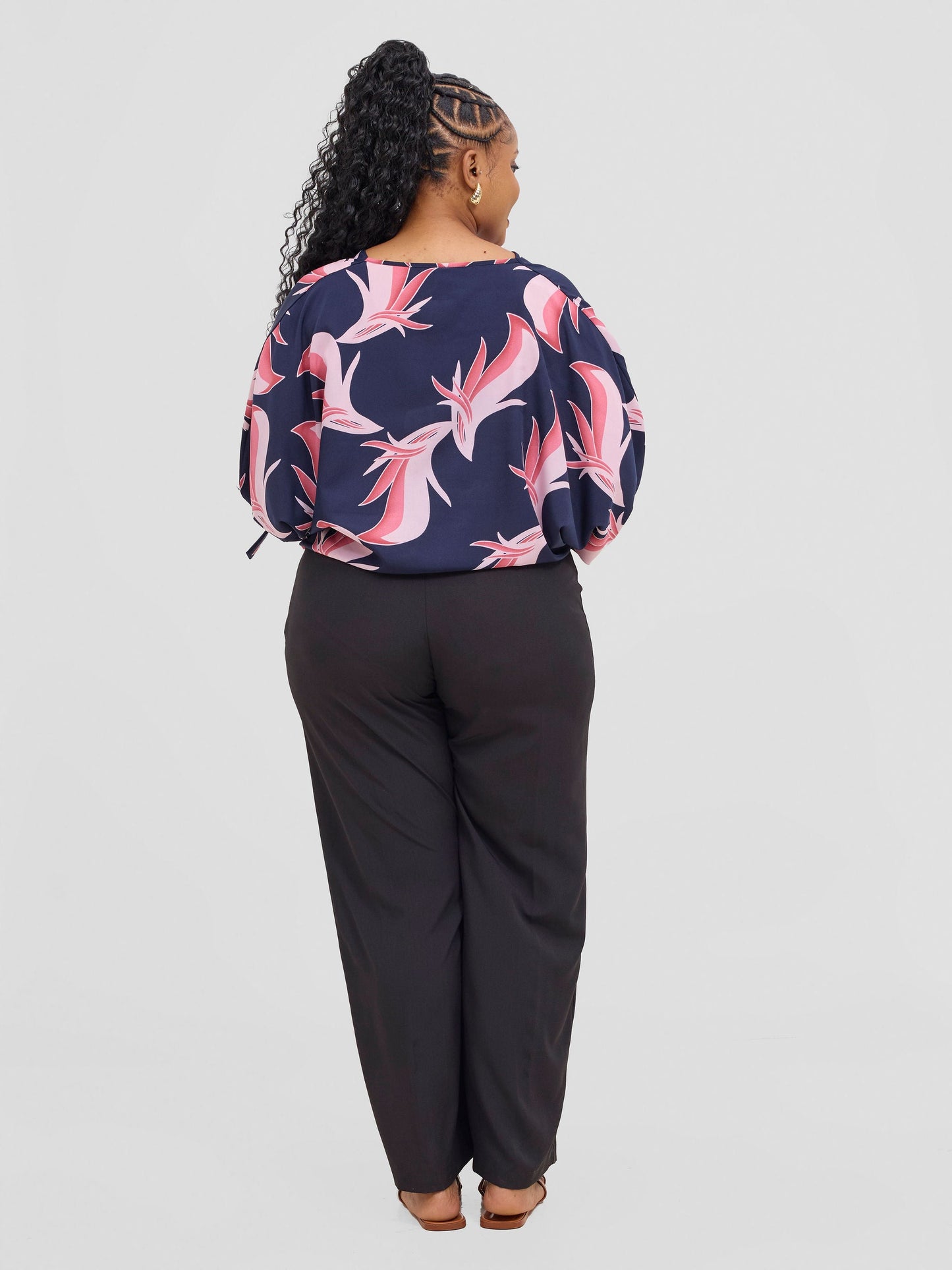 Vivo Sanali Batwing Tie Top - Navy Blush Pink Print