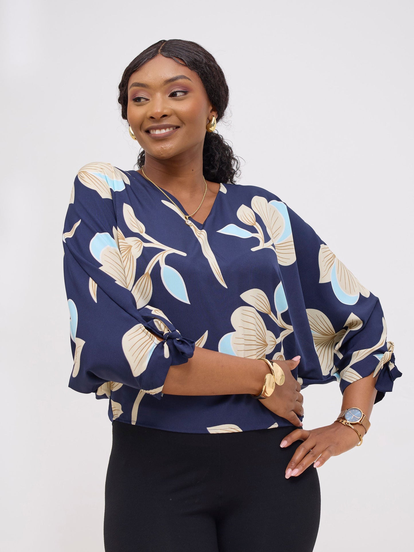 Vivo Sanali Batwing Tie Top - Navy / Blue Print