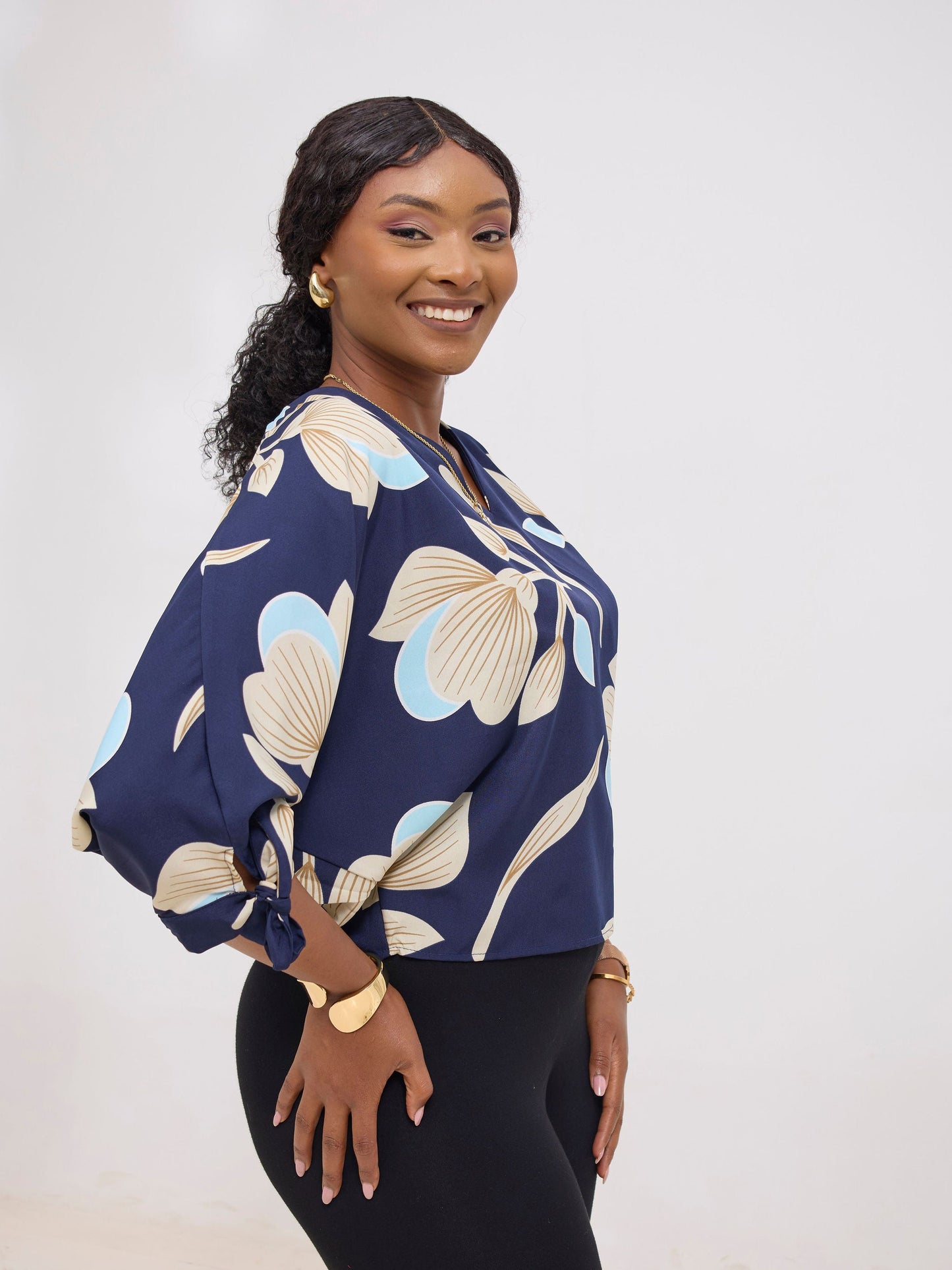 Vivo Sanali Batwing Tie Top - Navy / Blue Print
