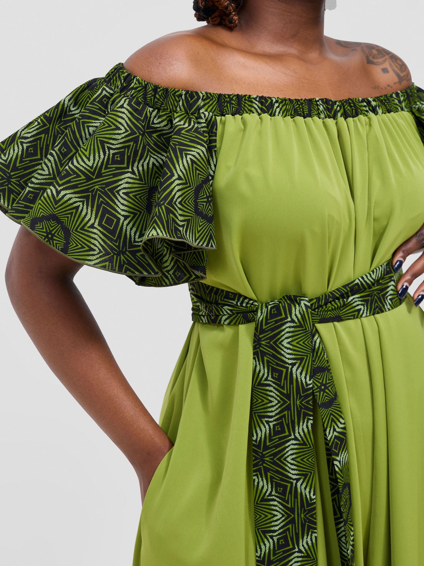 Vivo Fara Off Shoulder Flounce Sleeve Jumpsuit - Olive