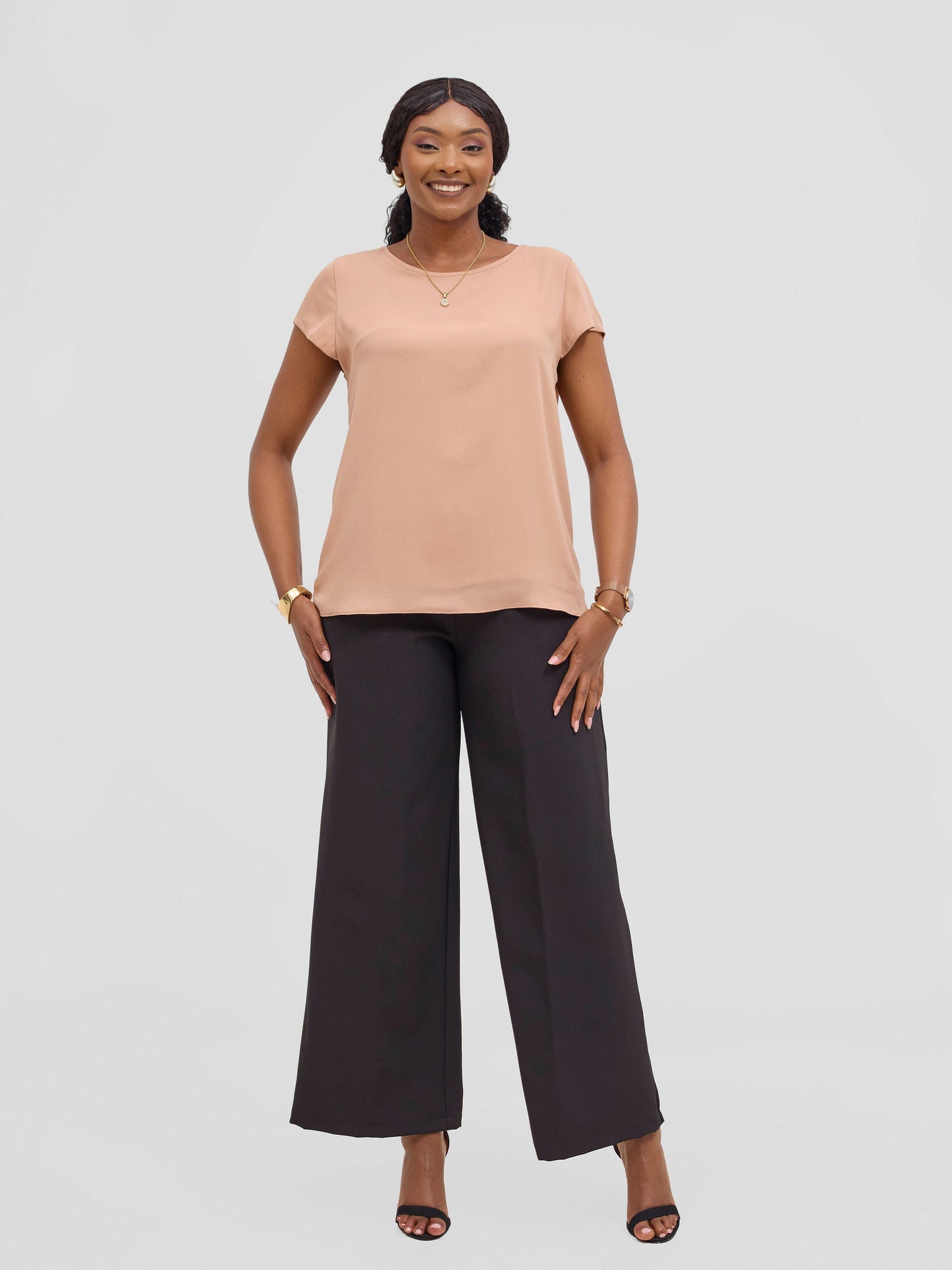 Vivo Basic Chiffon Cap Sleeve Top (Double Layered) - Light Tan