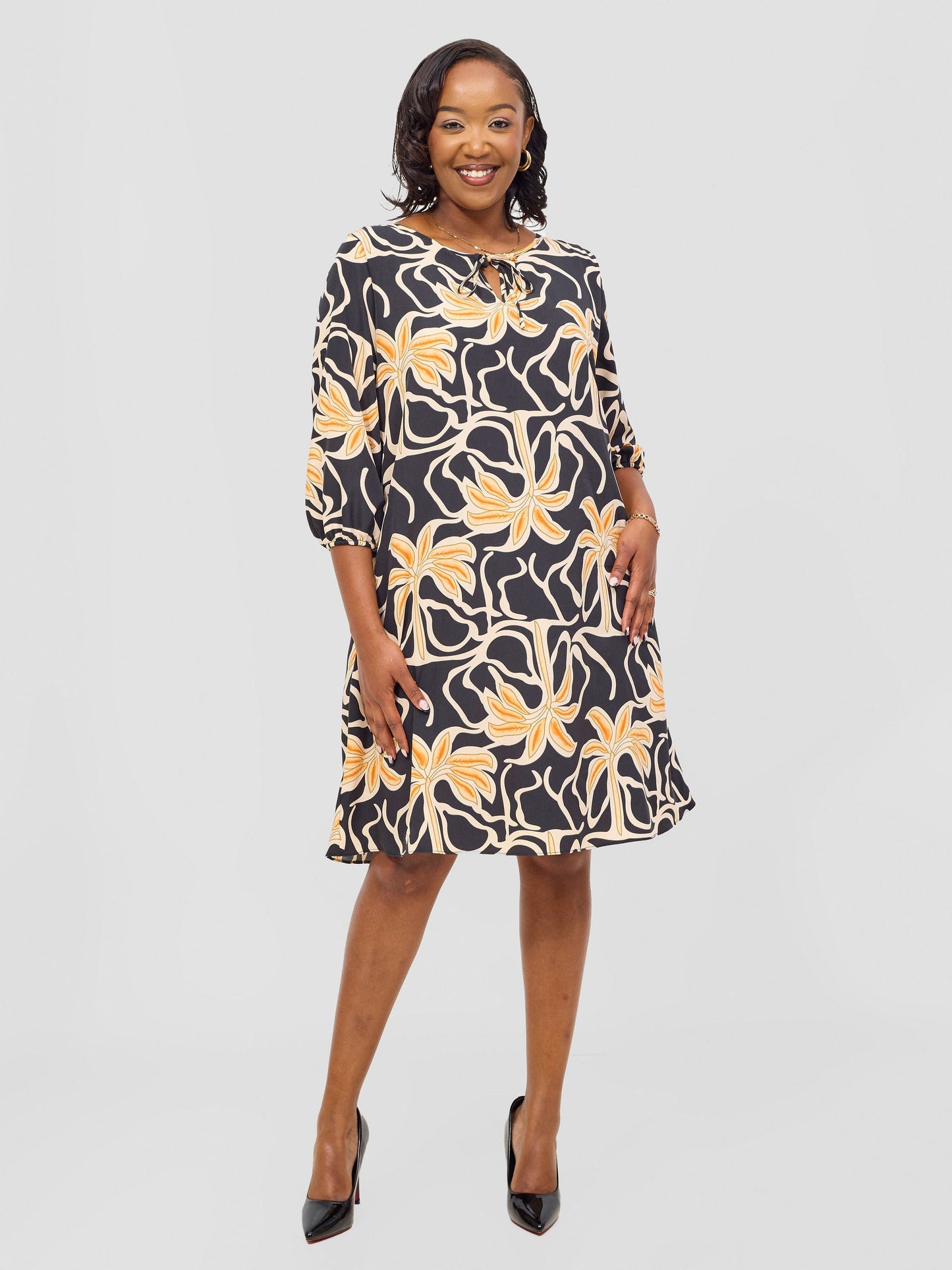 Vivo Nala 3/4 Sleeve Tent Dress - Black / Rust Ala Print