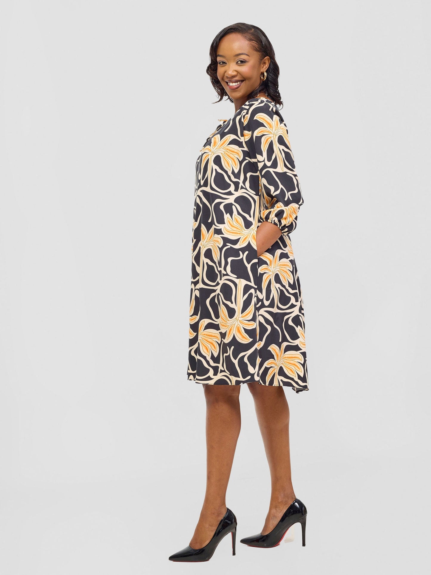Vivo Nala 3/4 Sleeve Tent Dress - Black / Rust Ala Print