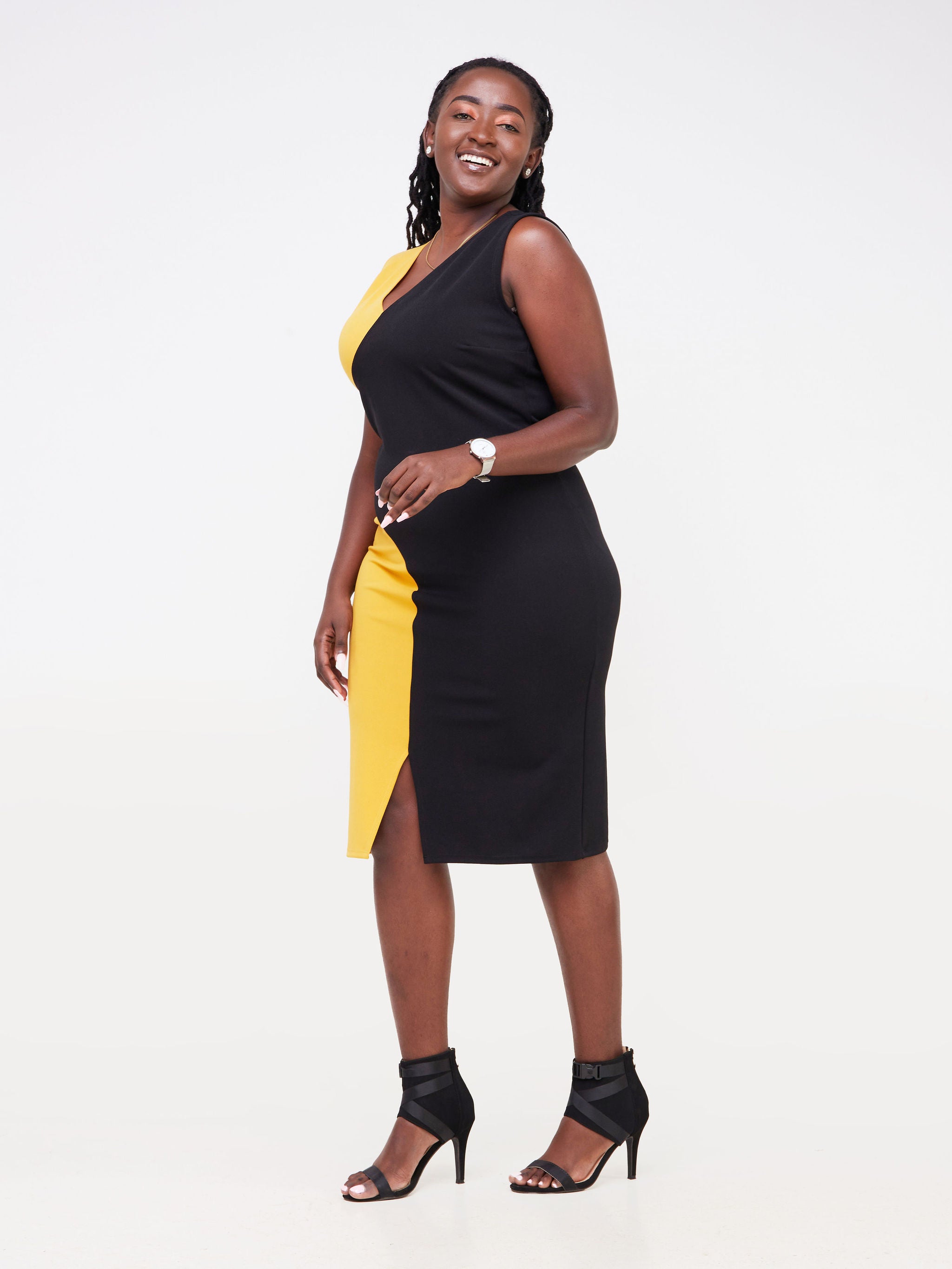 Vivo Nasara Sleeveless Color Block Sheath Dress - Black / Mustard Color Block