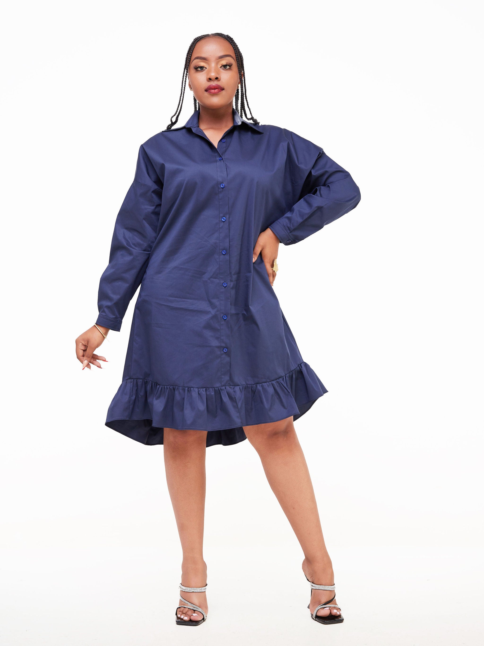 Safari Kaya Long Sleeve Dolman Flounce Shirt Dress - Navy Blue