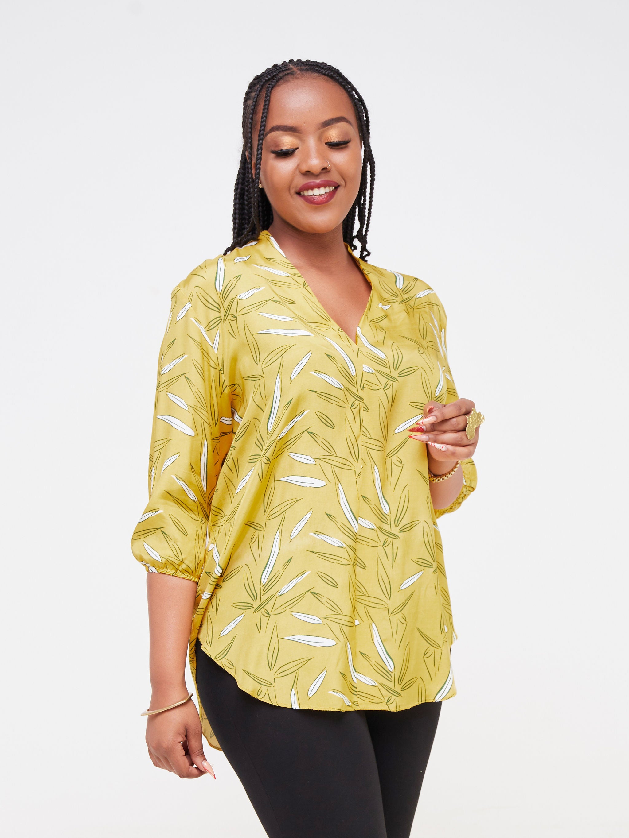 Vivo Dua Shirt - Yellow / Green Leaf Print