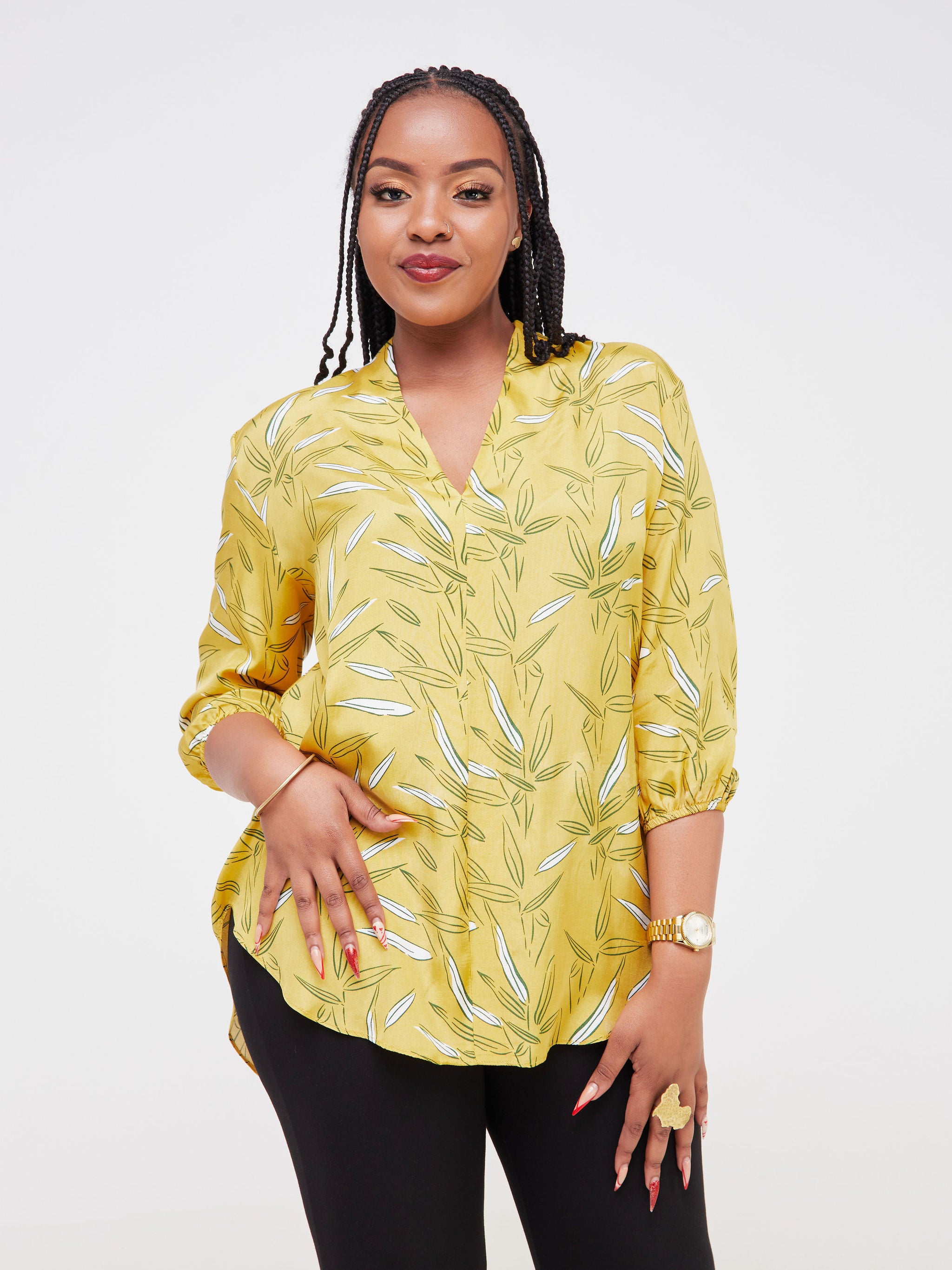 Vivo Dua Shirt - Yellow / Green Leaf Print