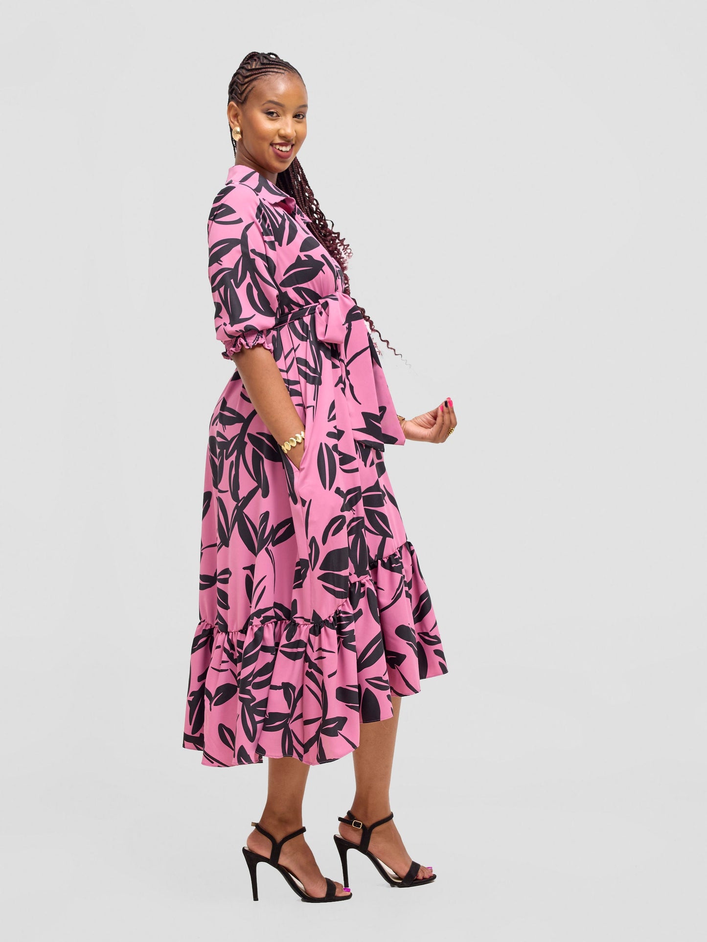 Vivo Serwa Flounce Dress - Pink / Black Kele Print