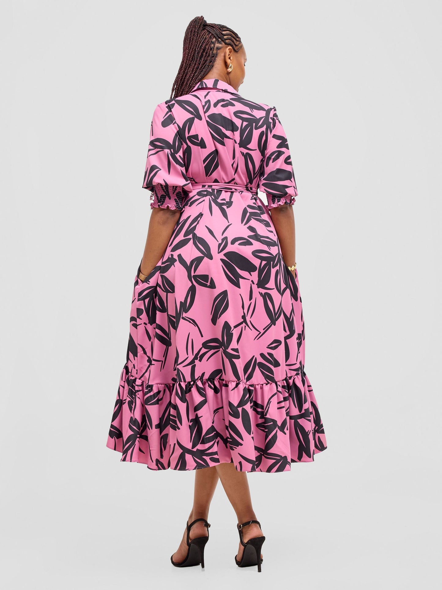 Vivo Serwa Flounce Dress - Pink / Black Kele Print