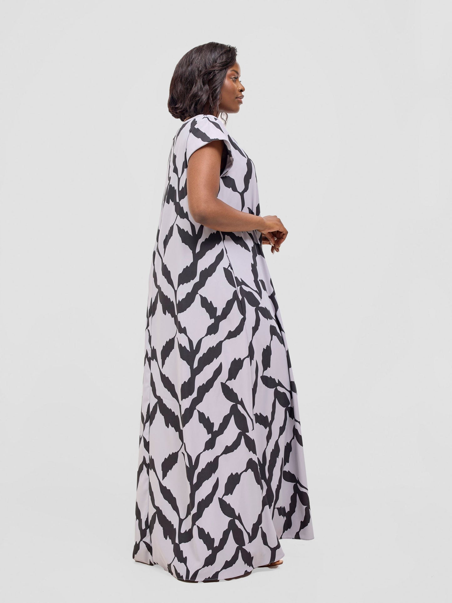 Vivo Basic Cap Sleeve Maxi Tent Dress - Grey / Black Diti Print