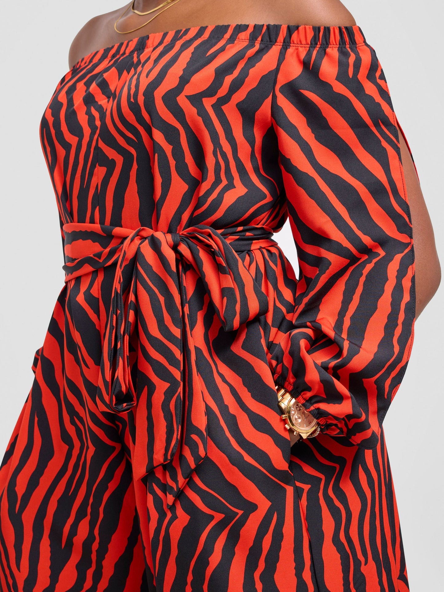 Vivo Yumi Off Shoulder Jumpsuit - Black / Red Mistrai Print