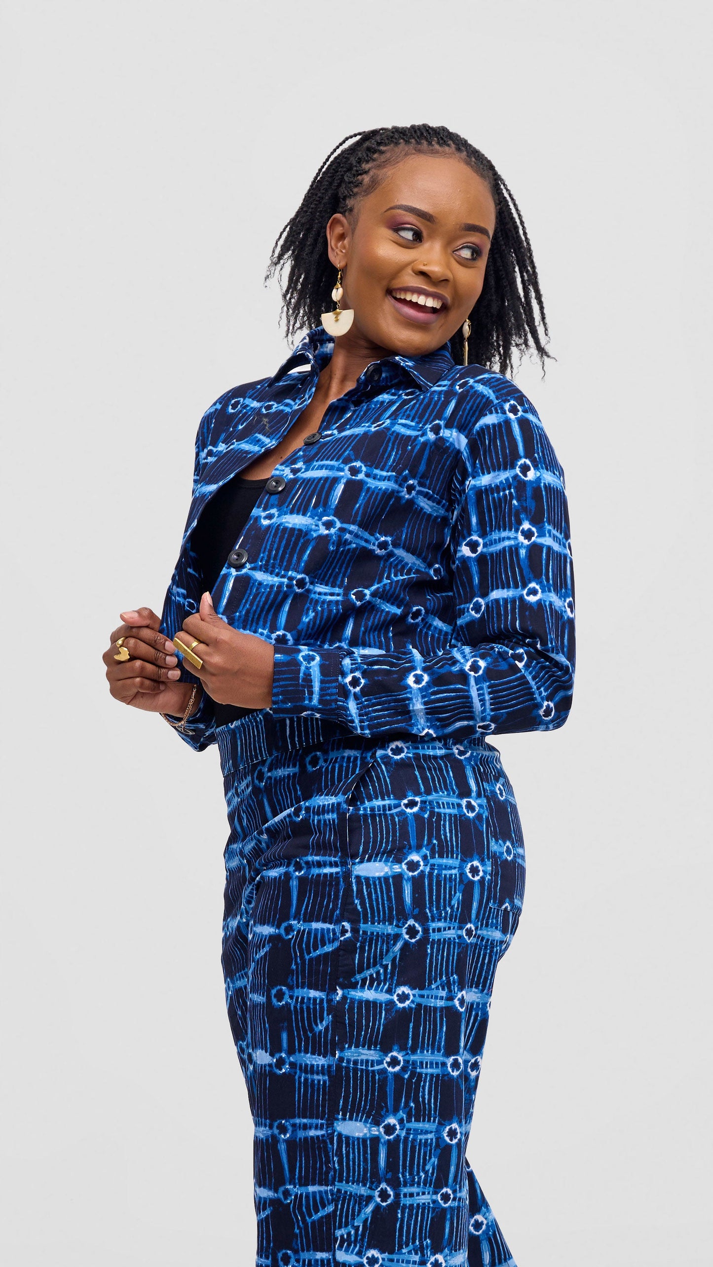 Safari Tara Crop Shacket - Light Blue / Navy Dire Print