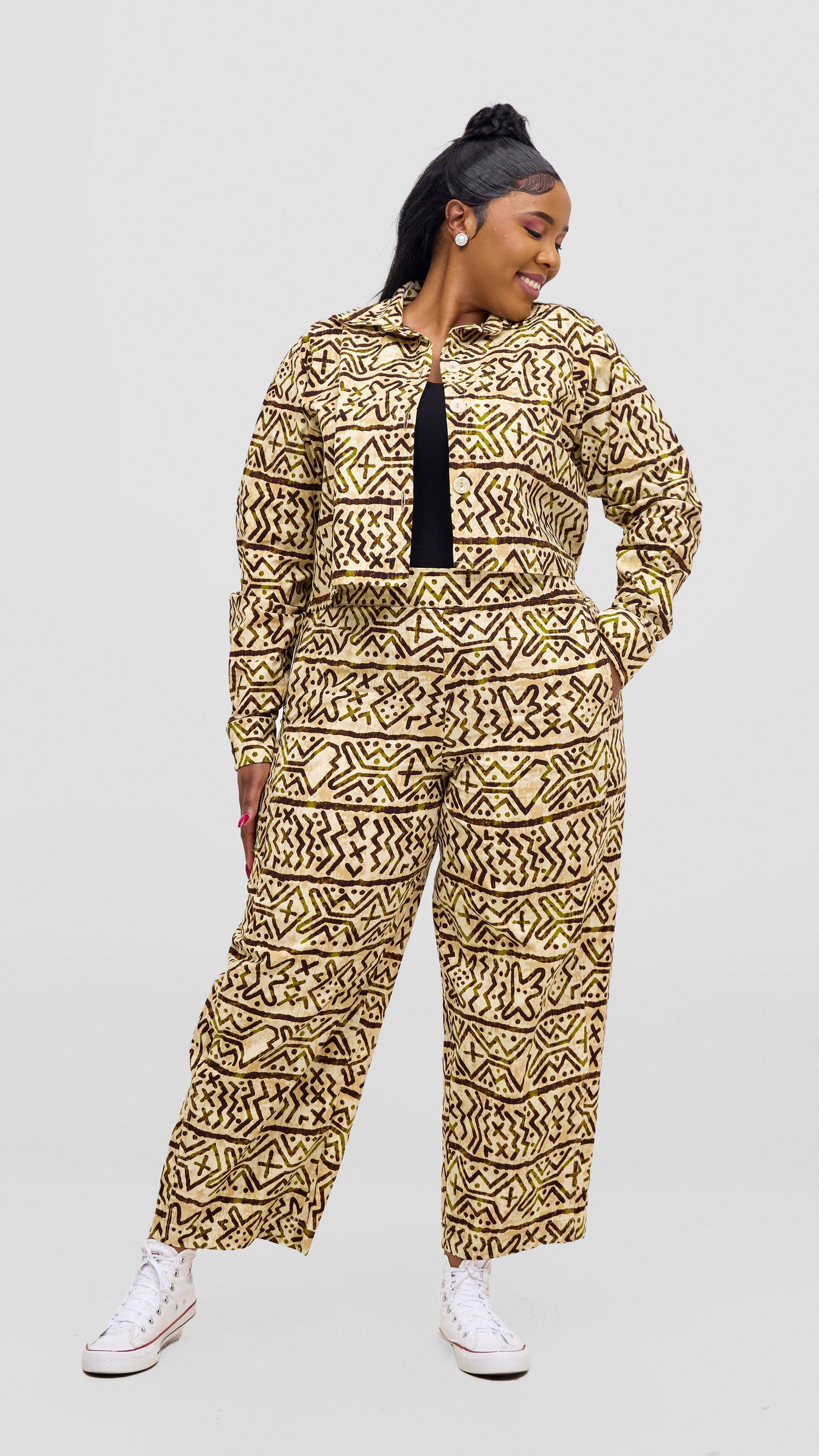Safari Tara Crop Shacket - Olive / Brown Khoi Print