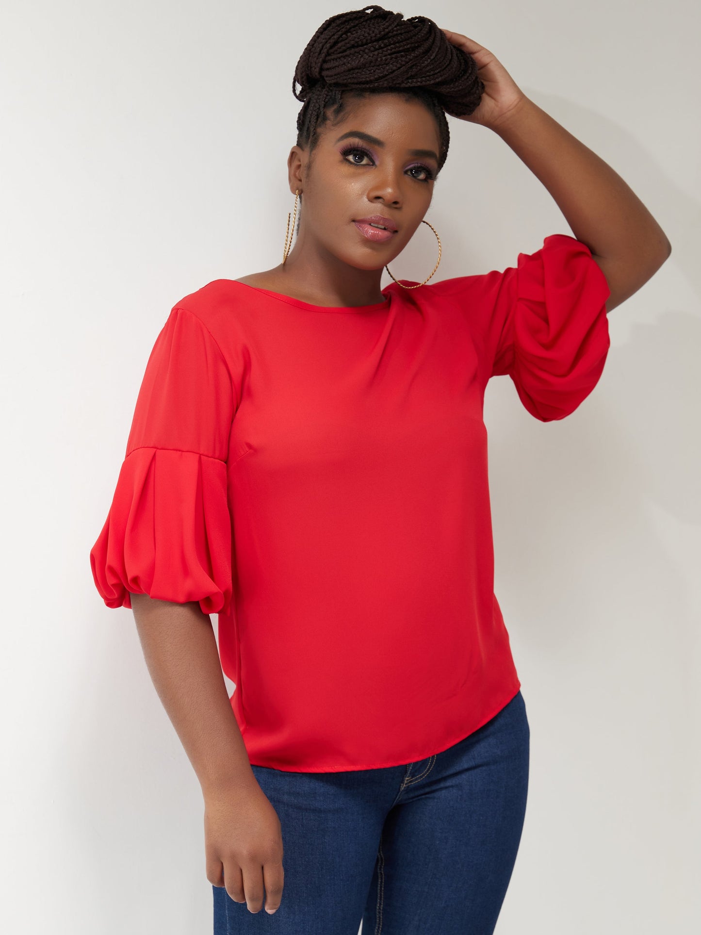 Vivo Basic Boundneck Puff Sleeve Top - Red