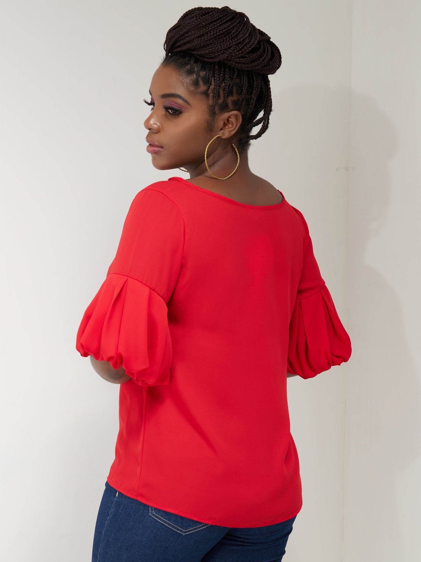 Vivo Basic Boundneck Puff Sleeve Top - Red