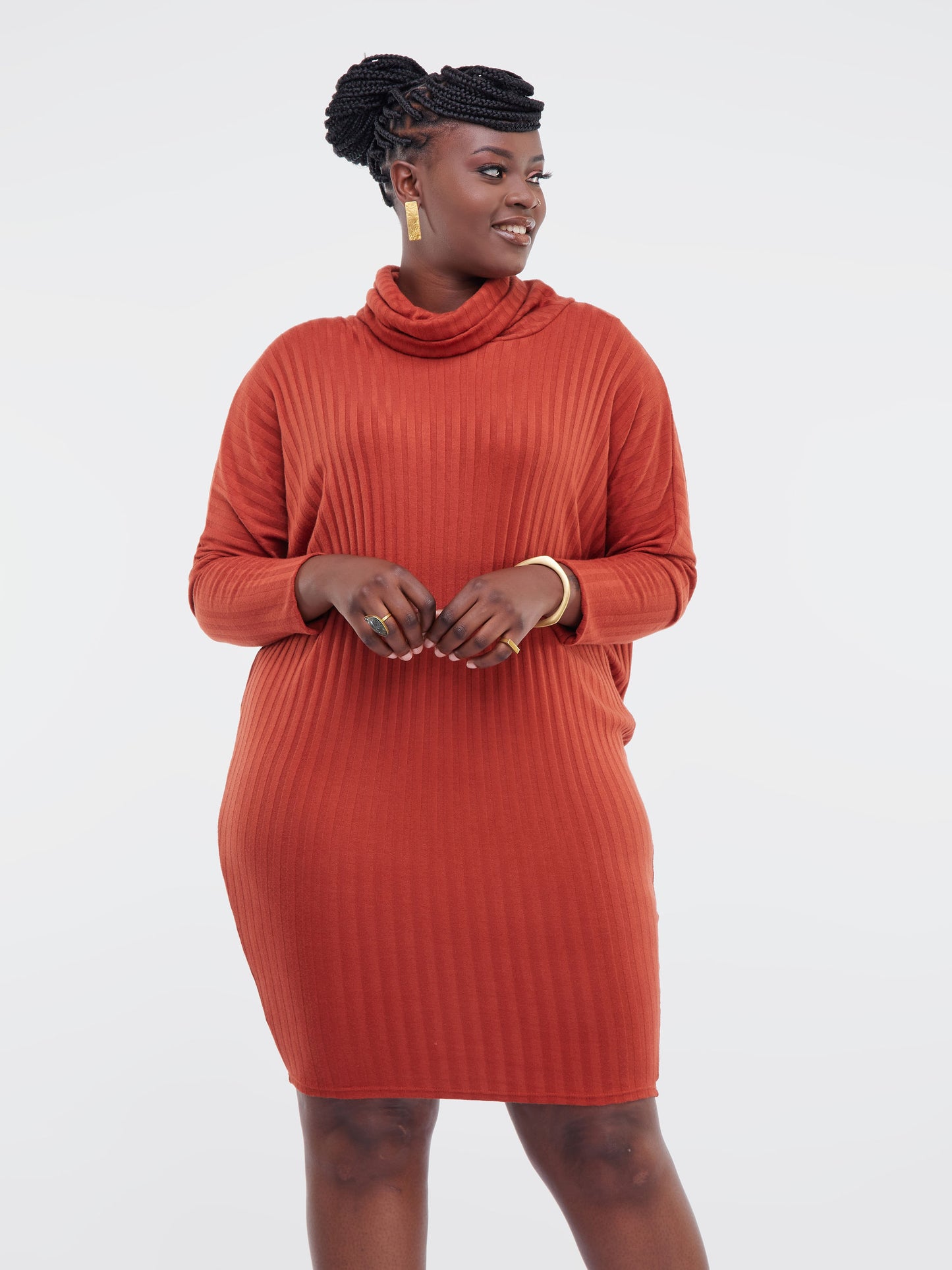 Safari Basic Dolman Cowl Sweater Dress - Rust