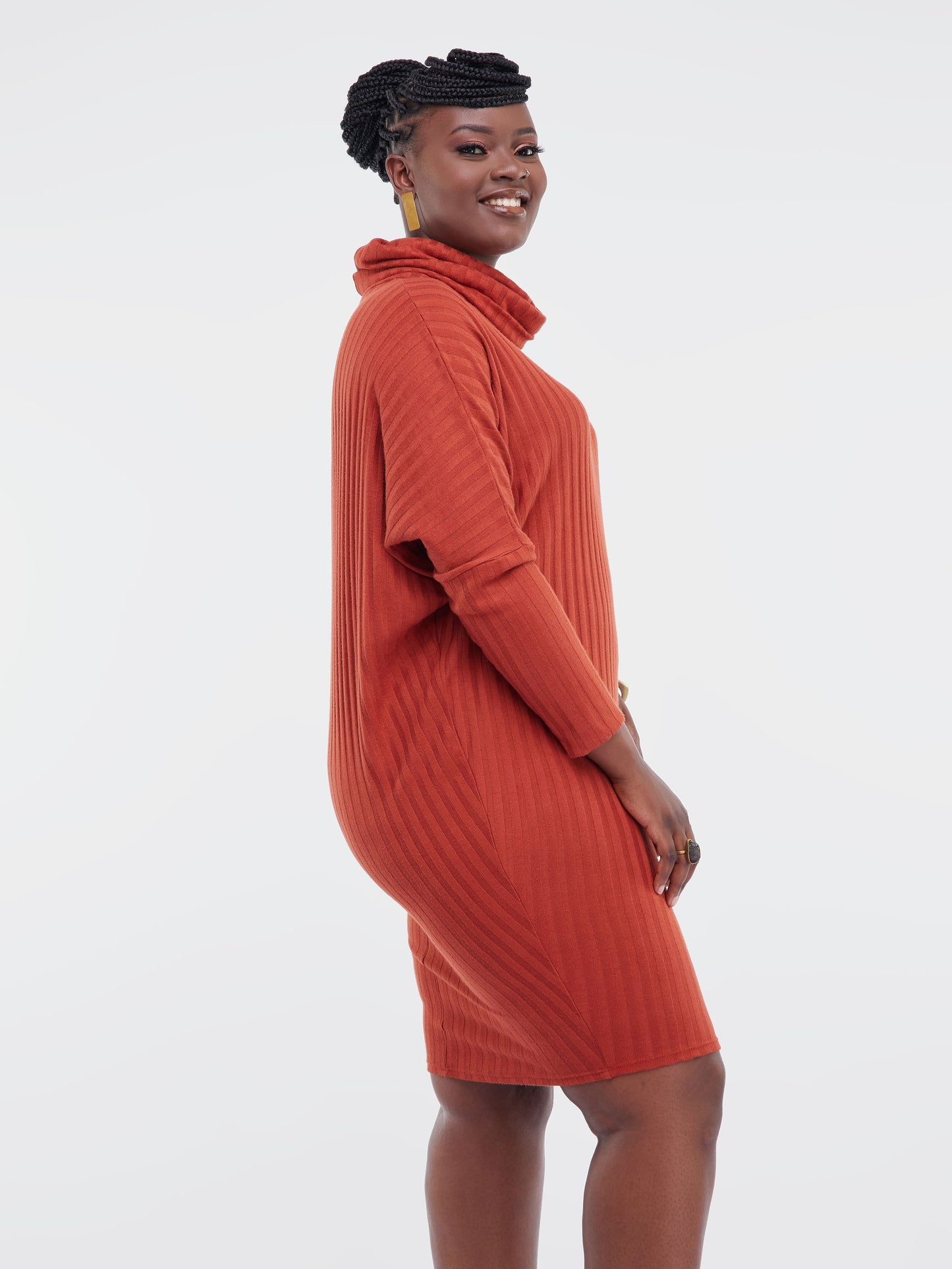 Safari Basic Dolman Cowl Sweater Dress - Rust
