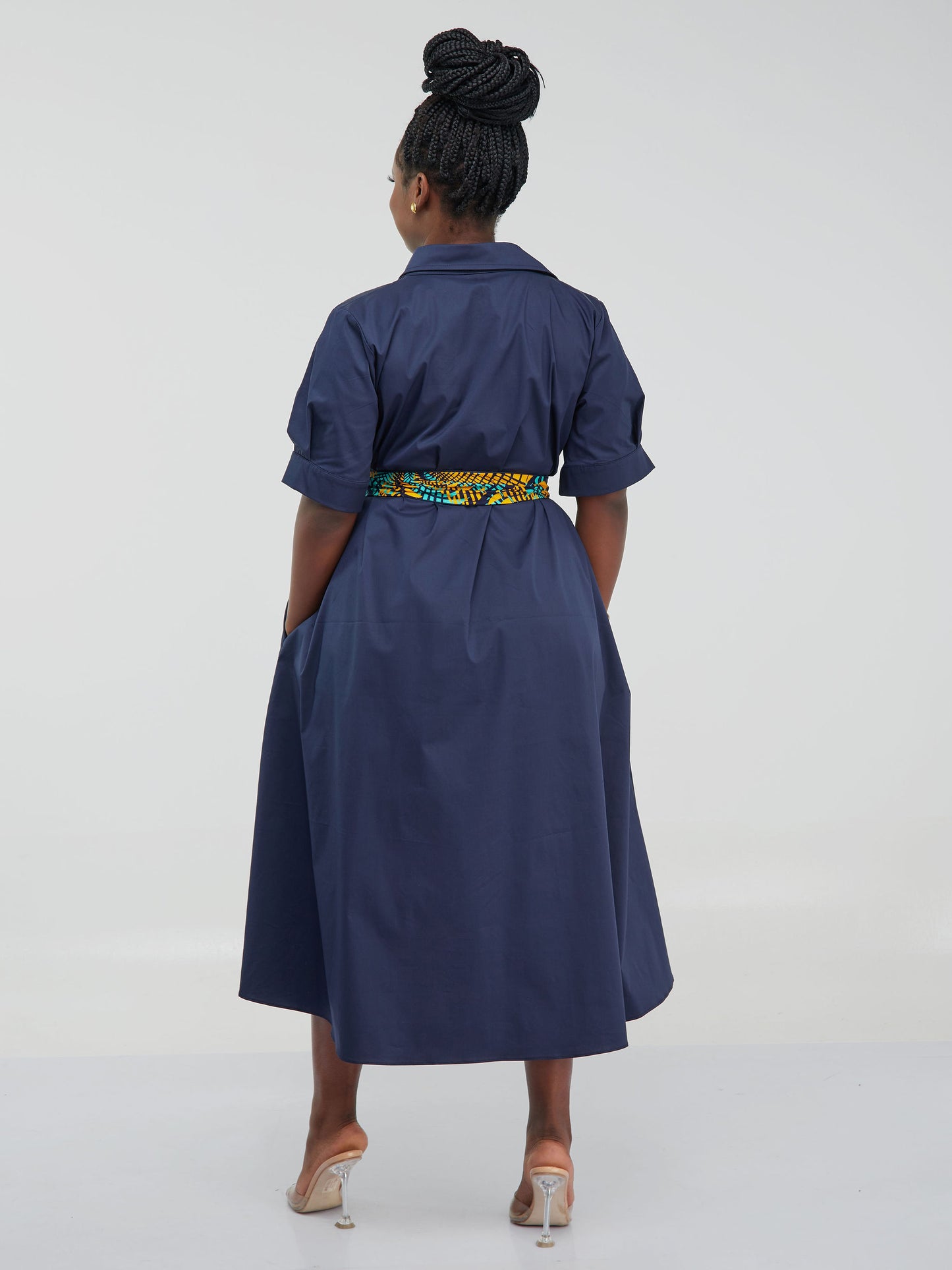 Safari Huru Short Sleeved Midi A-Line Dress - Navy Blue