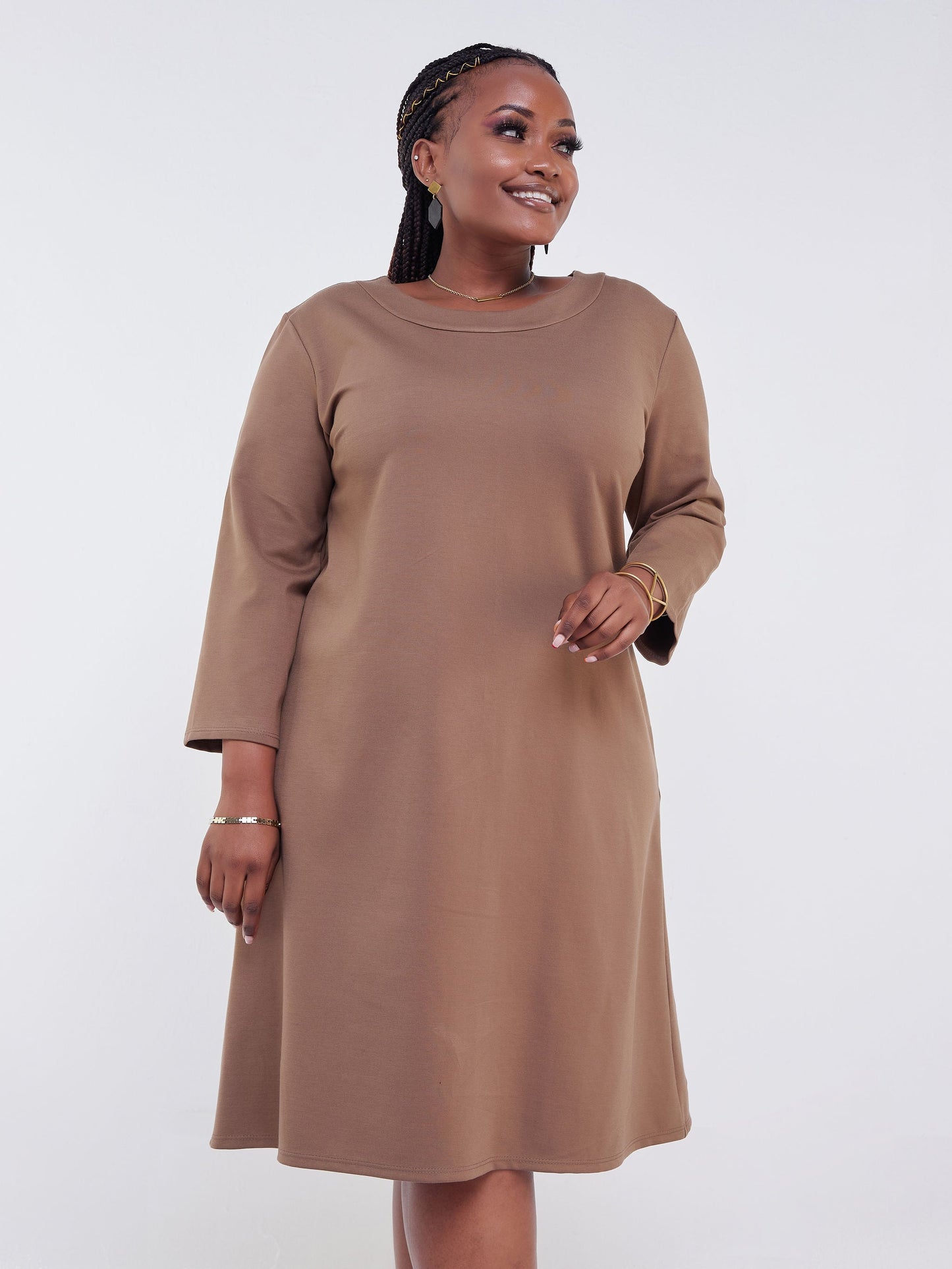 Vivo Jema 3/4 Sleeve A-Line Dress - Taupe
