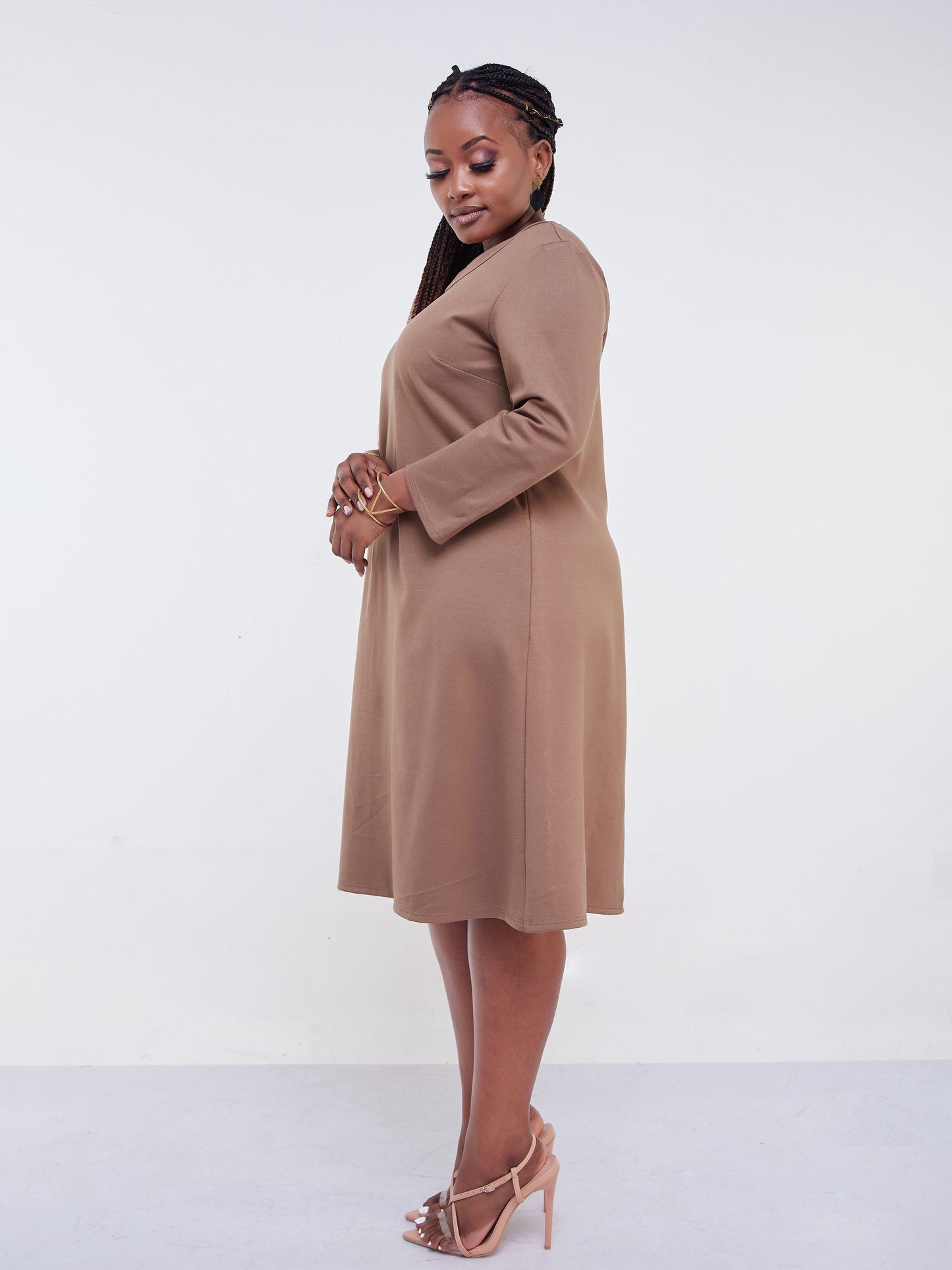 Vivo Jema 3/4 Sleeve A-Line Dress - Taupe