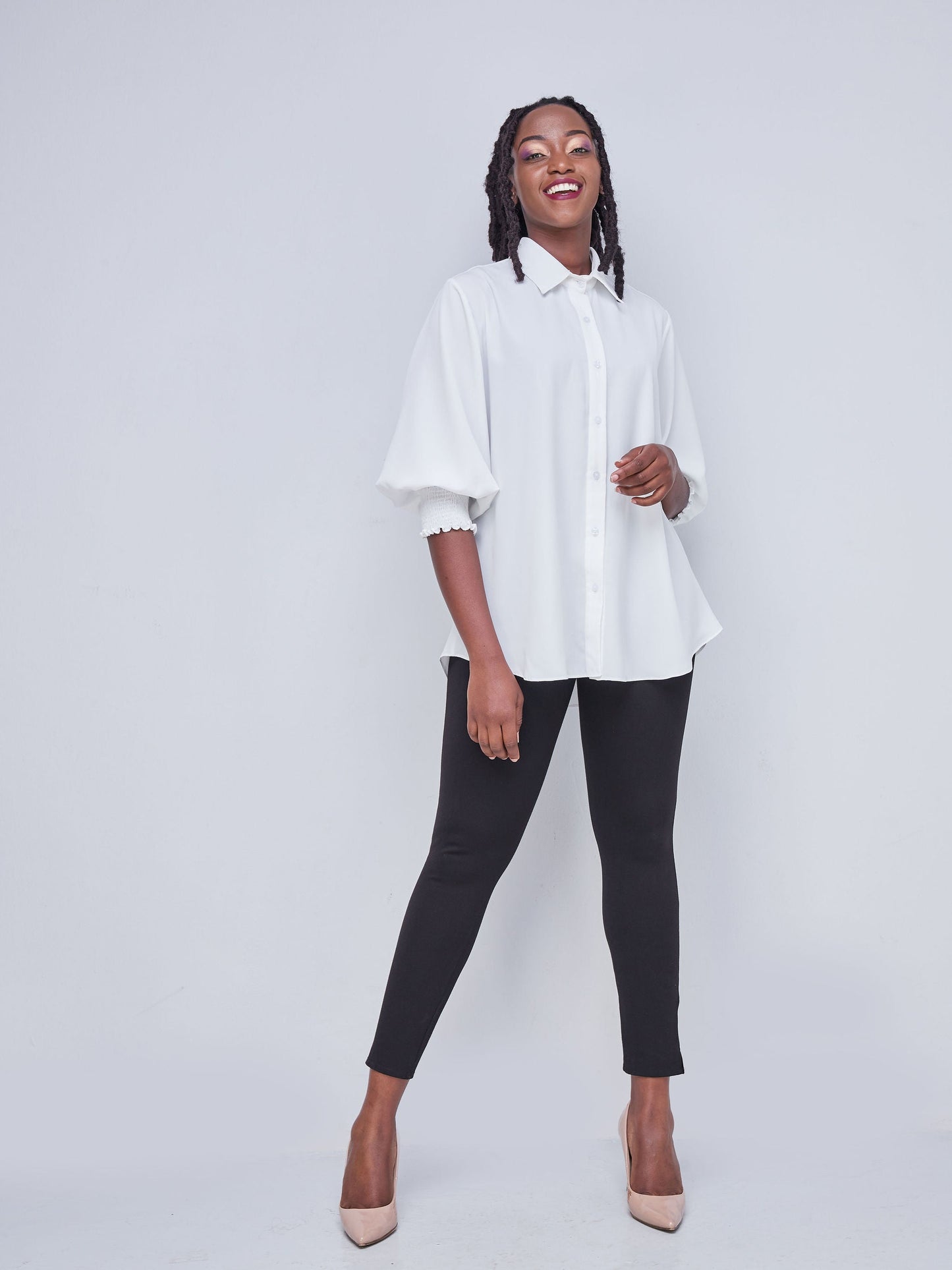 Vivo Fahari 3/4 Sleeve Shirred Shirt - White