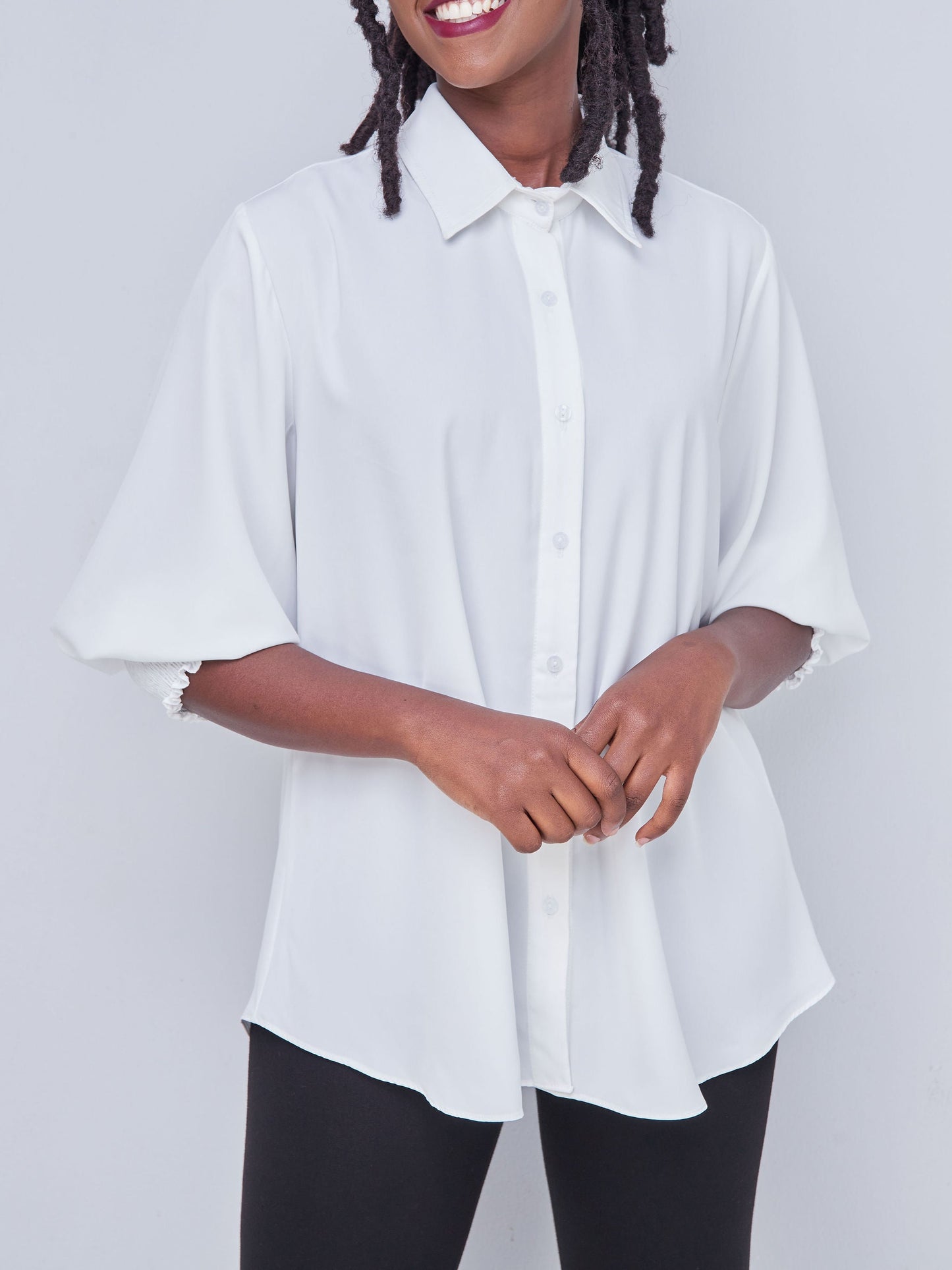 Vivo Fahari 3/4 Sleeve Shirred Shirt - White