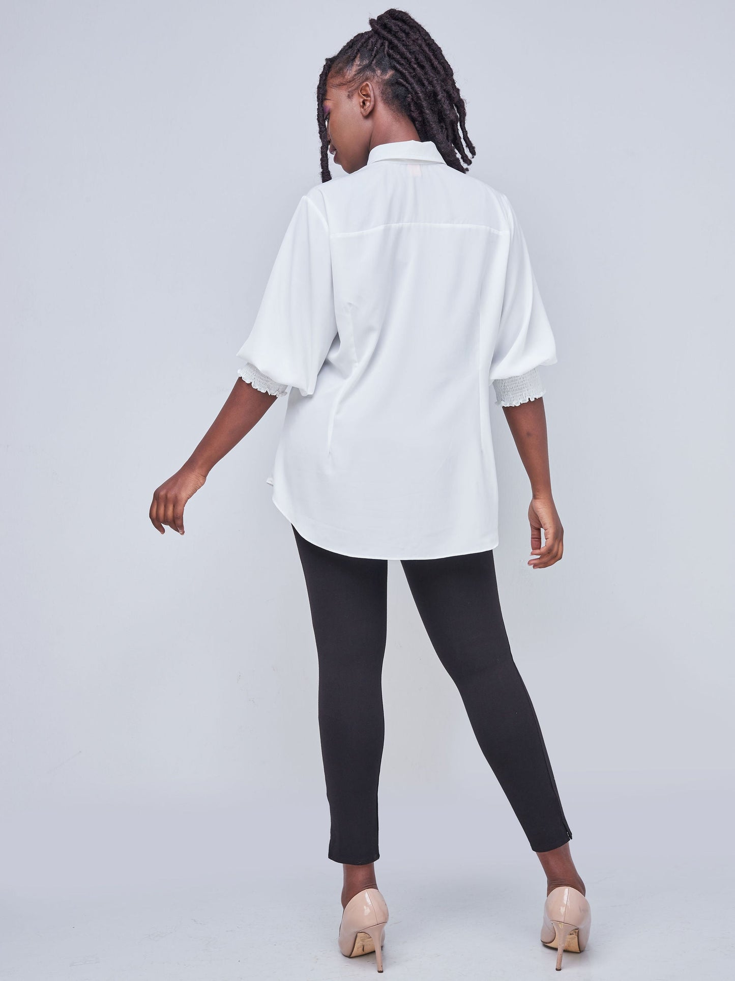 Vivo Fahari 3/4 Sleeve Shirred Shirt - White