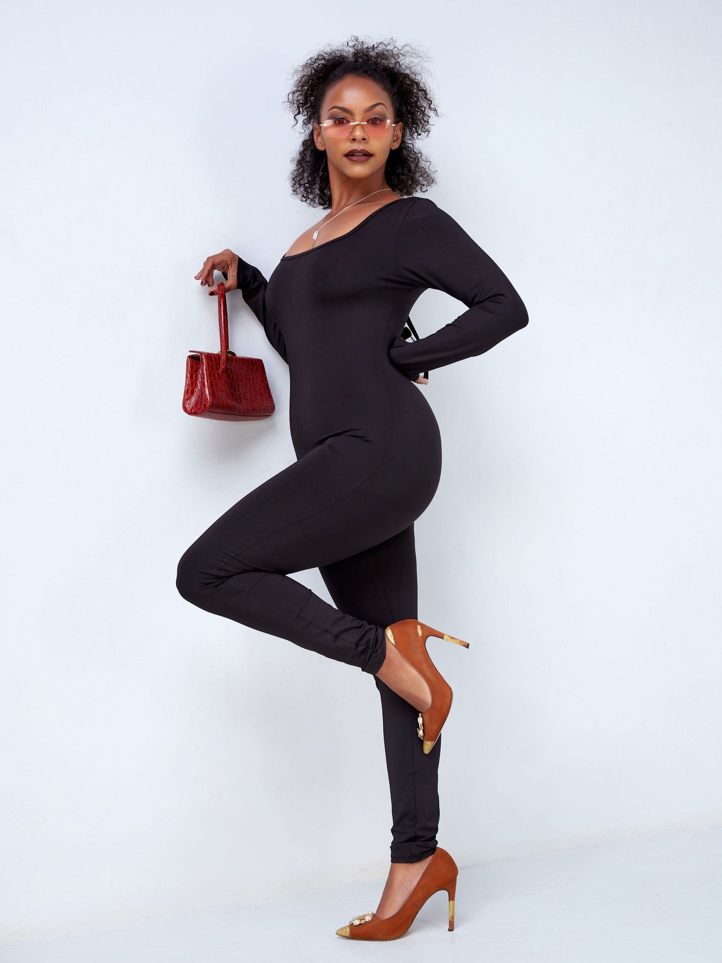 Zoya Party Square Neck Catsuit - Black