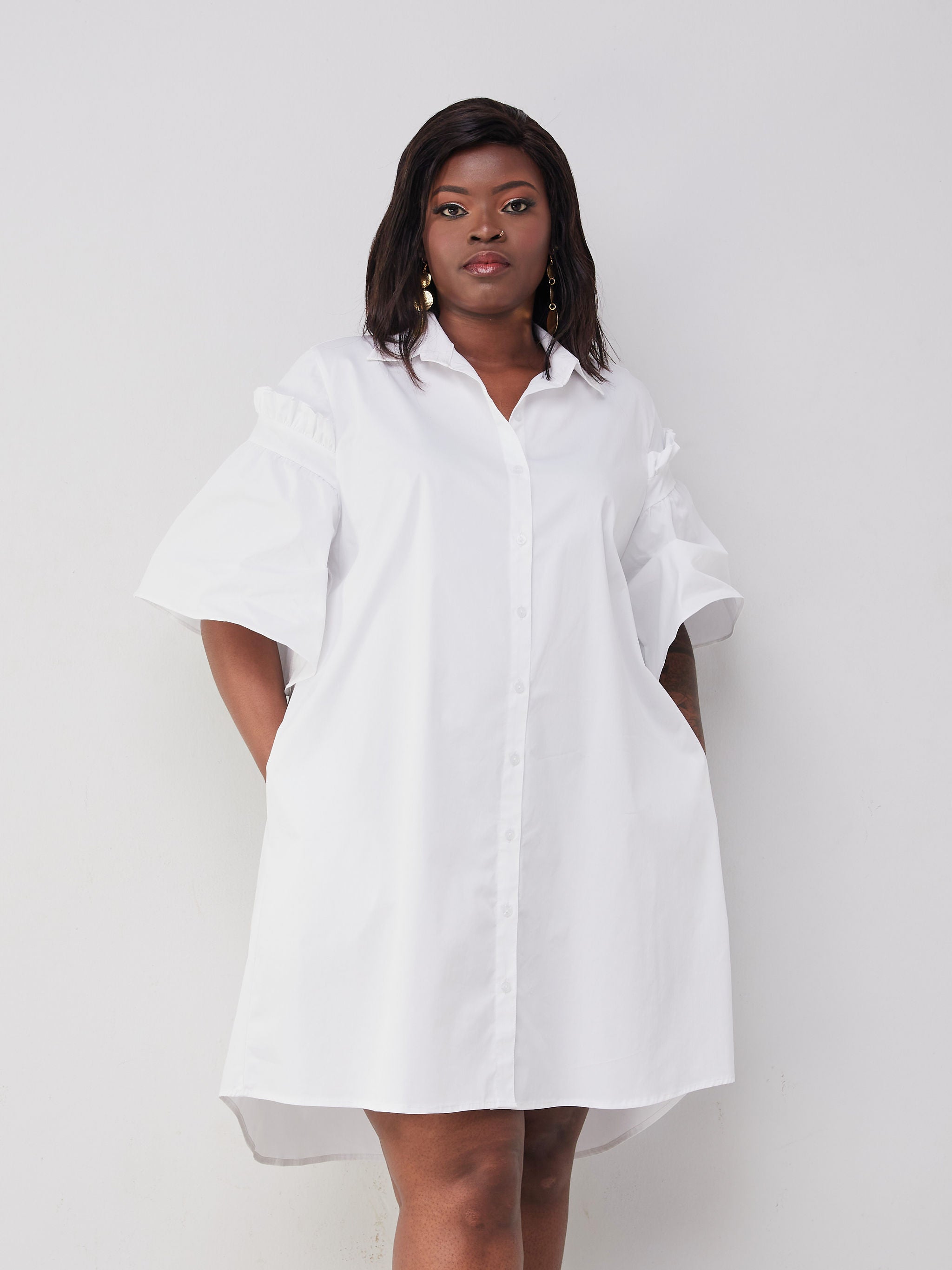Safari Mali Gathered Flounce Sleeve Shirt Dress - White
