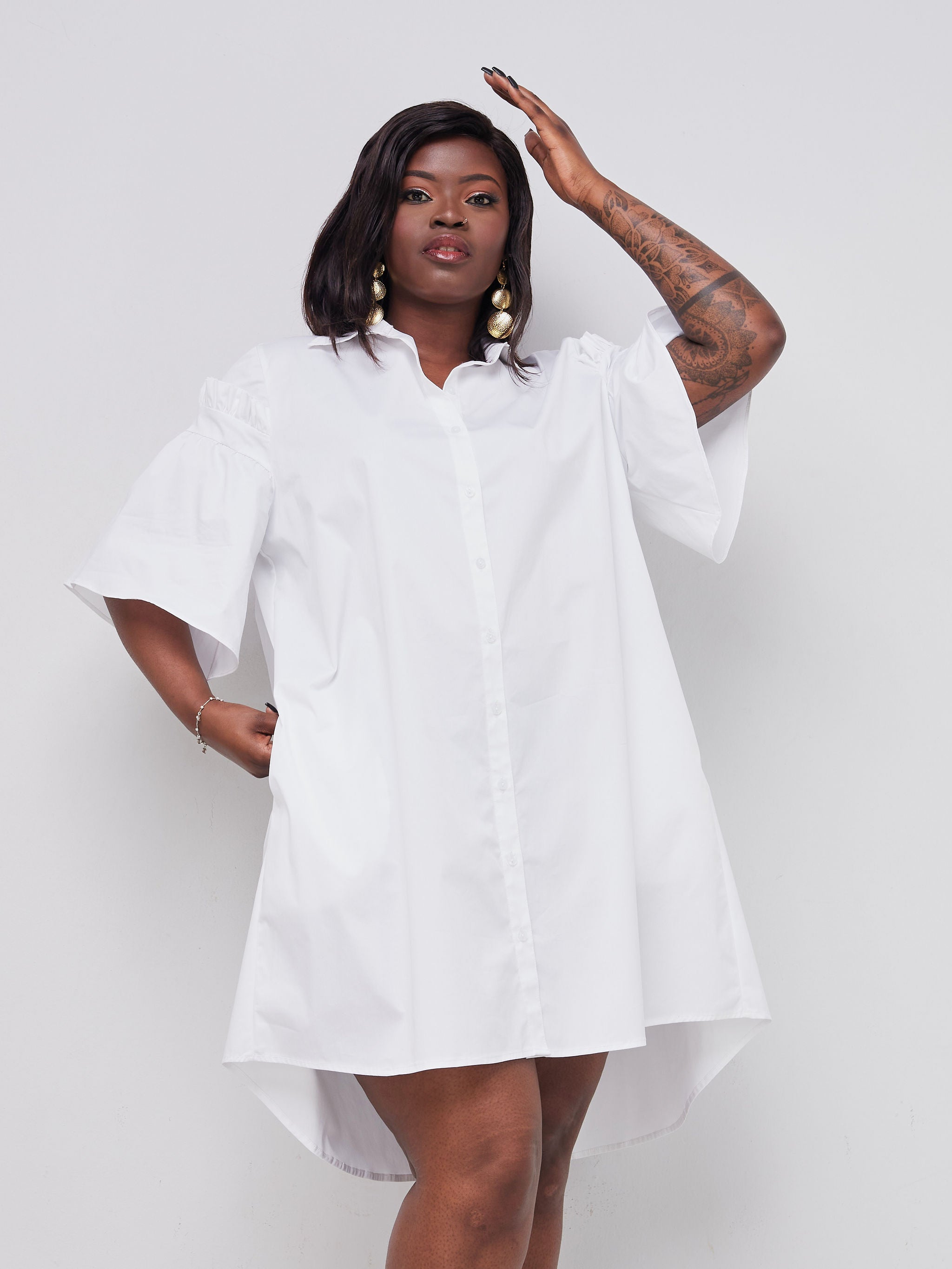 Safari Mali Gathered Flounce Sleeve Shirt Dress - White