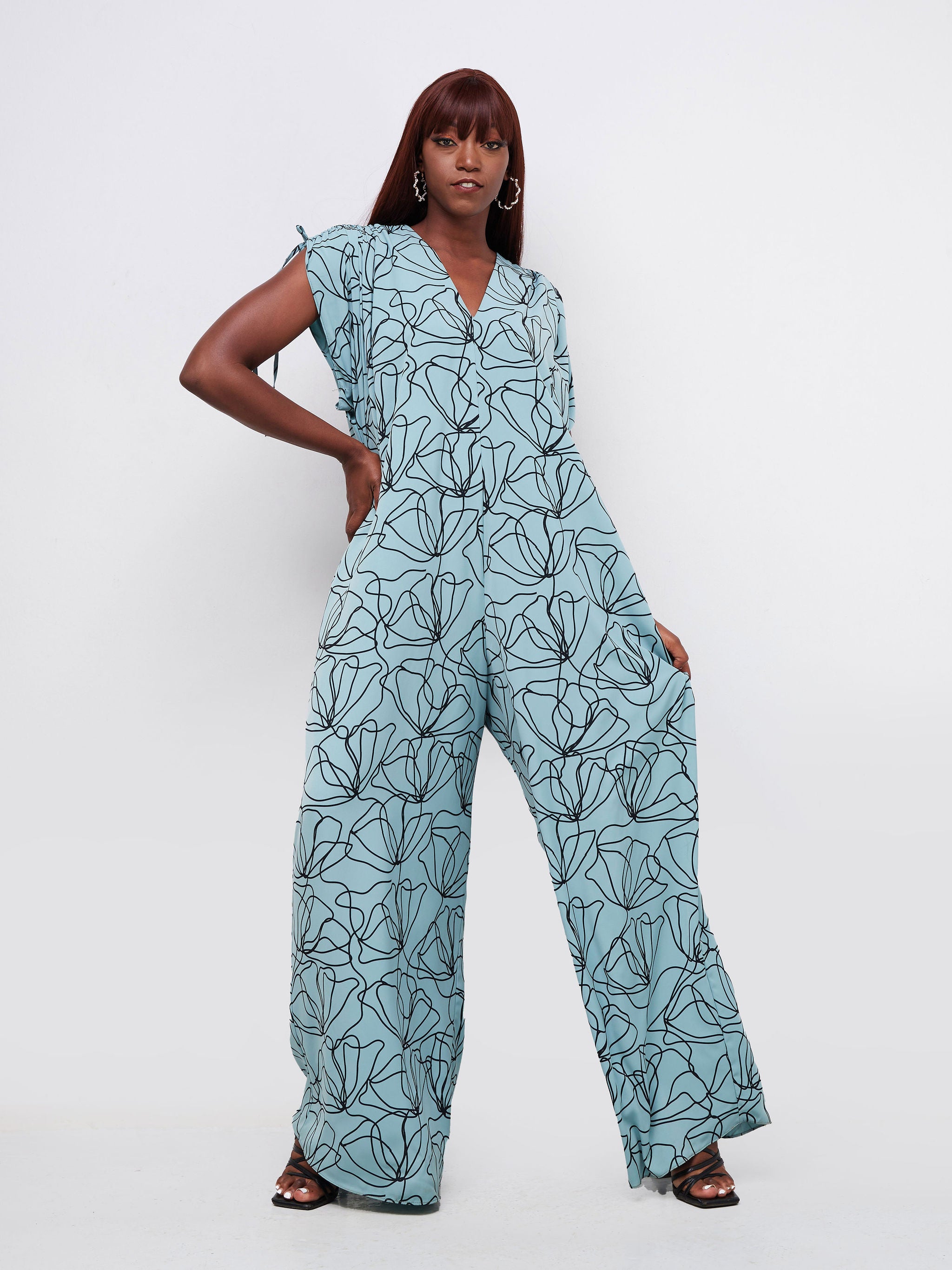 Vivo Dali Drawstring Shoulder Jumpsuit - Mint / Black Abstract Print