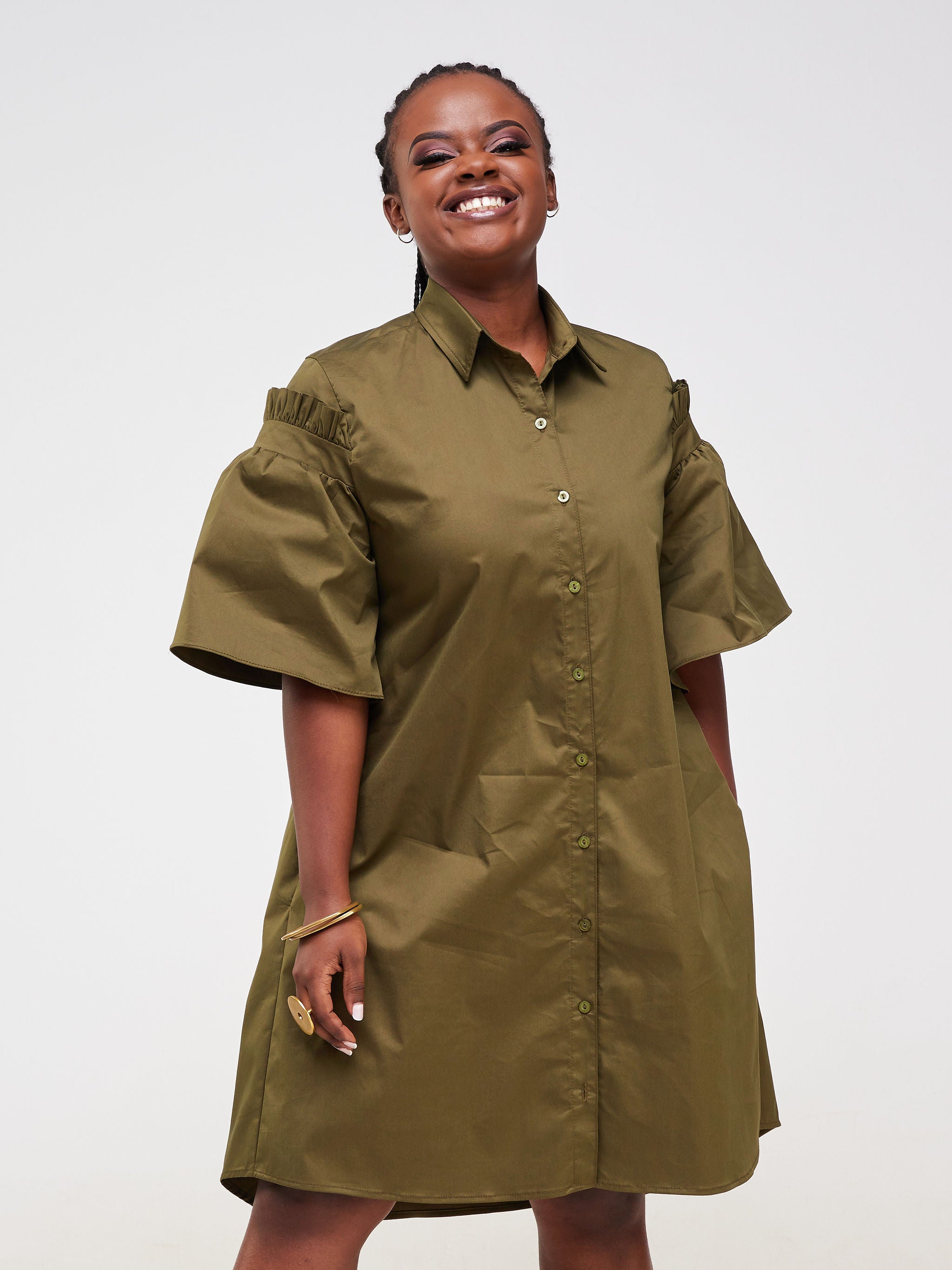 Safari Mali Gathered Flounce Sleeve Shirt Dress - Hunters Green