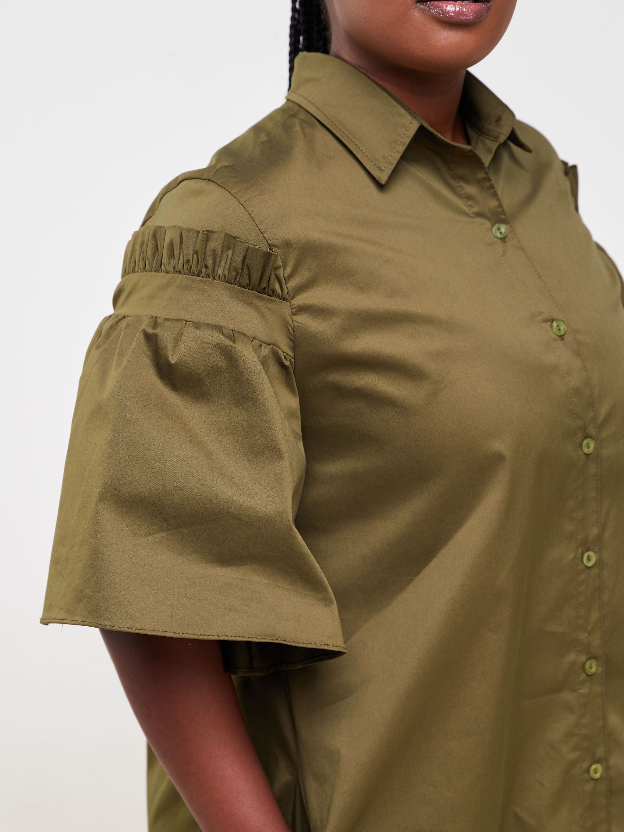 Safari Mali Gathered Flounce Sleeve Shirt Dress - Hunters Green