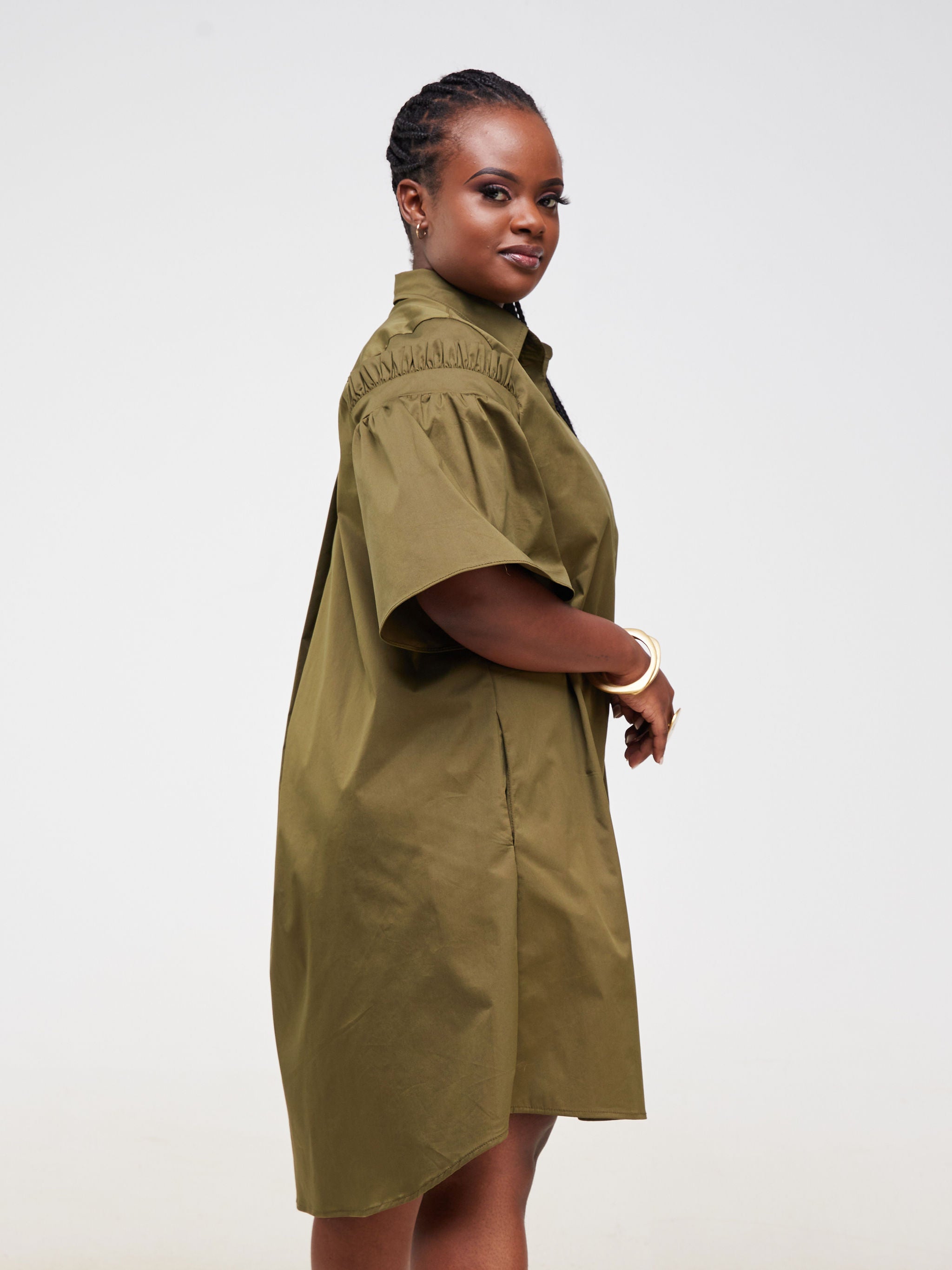 Safari Mali Gathered Flounce Sleeve Shirt Dress - Hunters Green