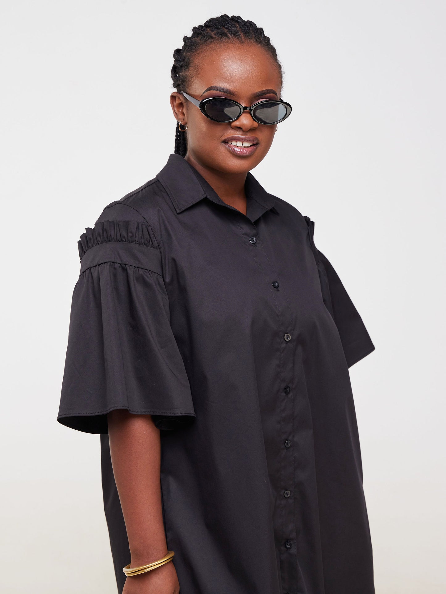 Safari Mali Gathered Flounce Sleeve Shirt Dress - Black